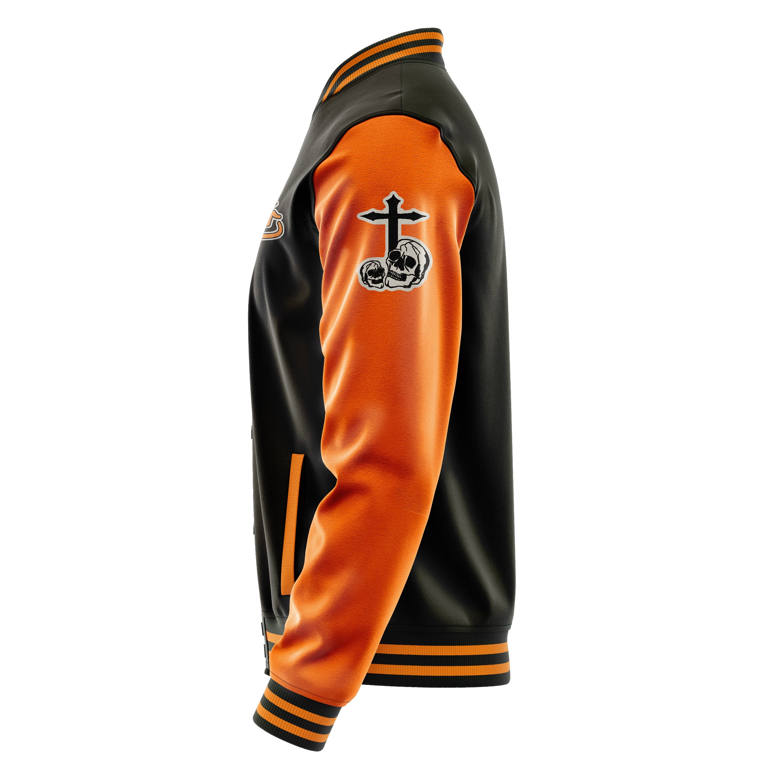 Custom Brown Varsity Jacket Patches Orange Leather Sleeves - Skull