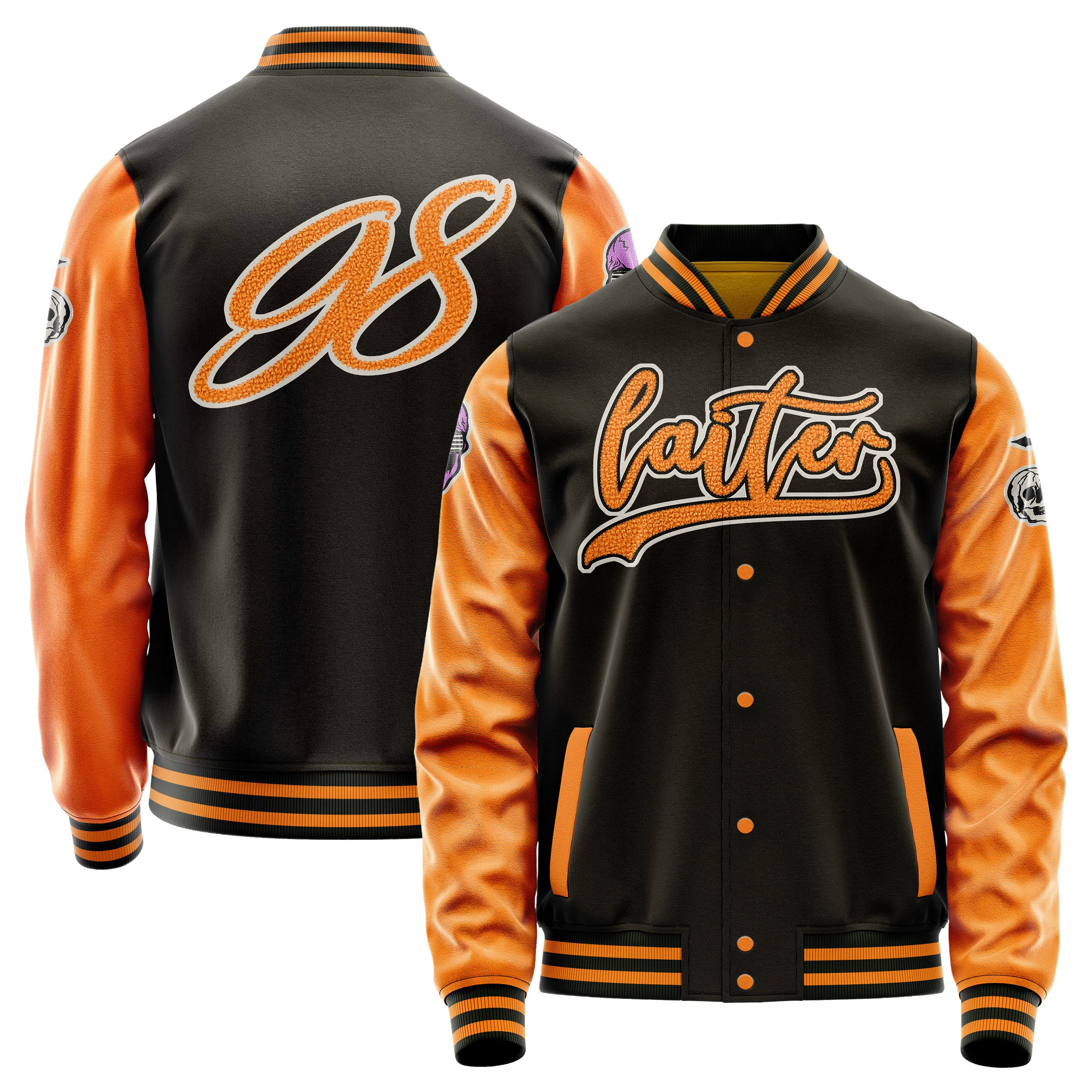 Custom Brown Varsity Jacket Patches Orange Leather Sleeves - Skull