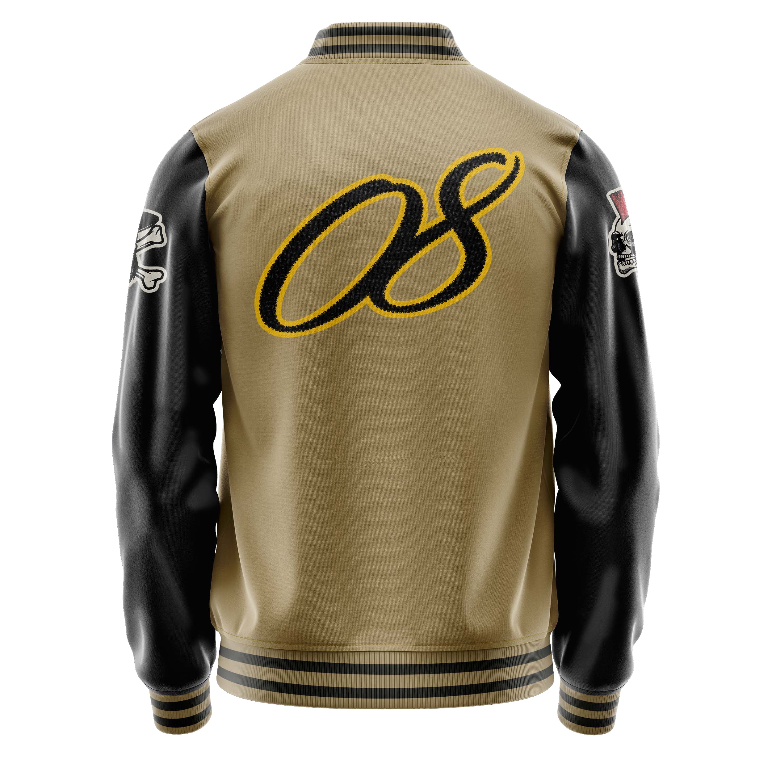 Custom Camel Varsity Jacket Patches Black Leather Sleeves - Skull