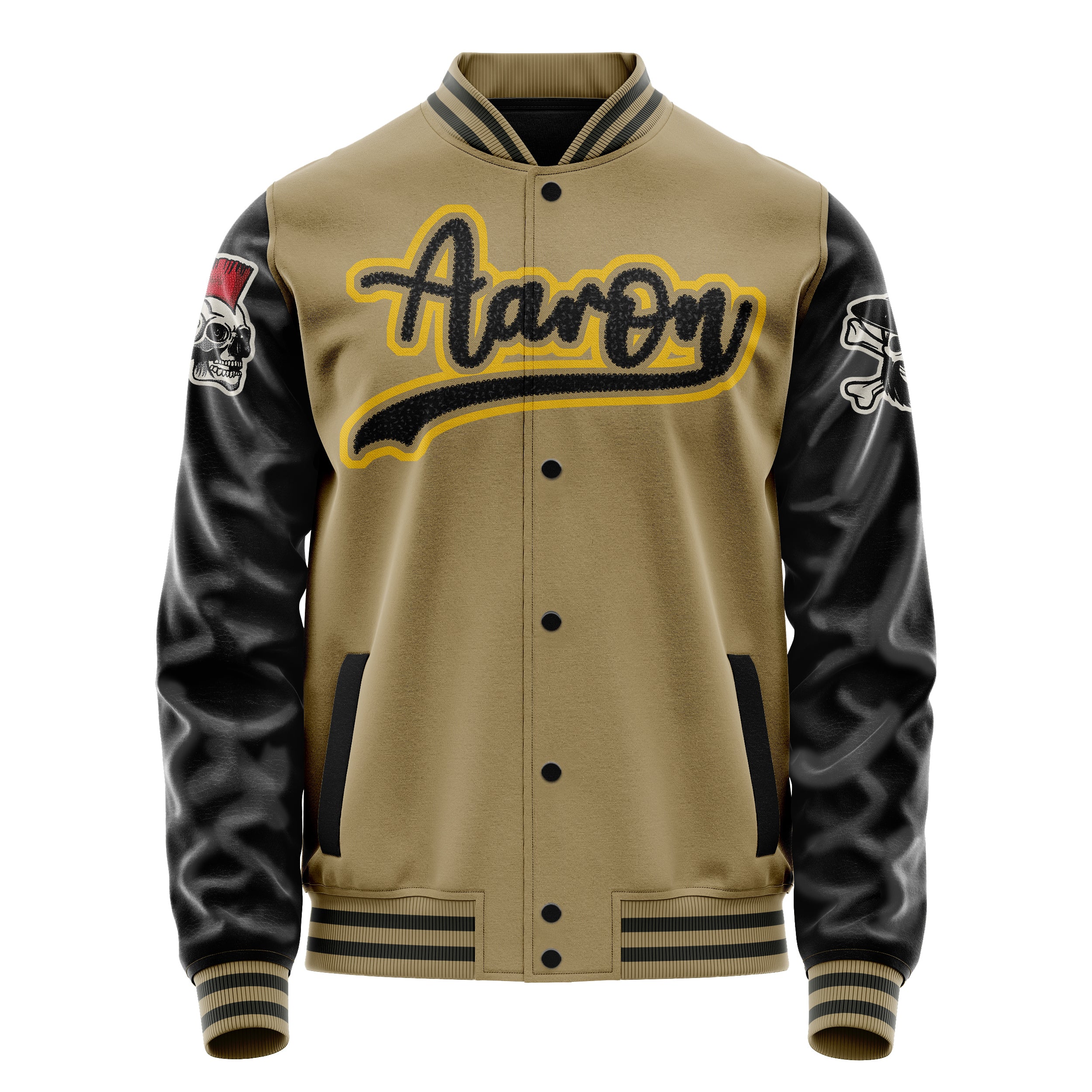 Custom Camel Varsity Jacket Patches Black Leather Sleeves - Skull