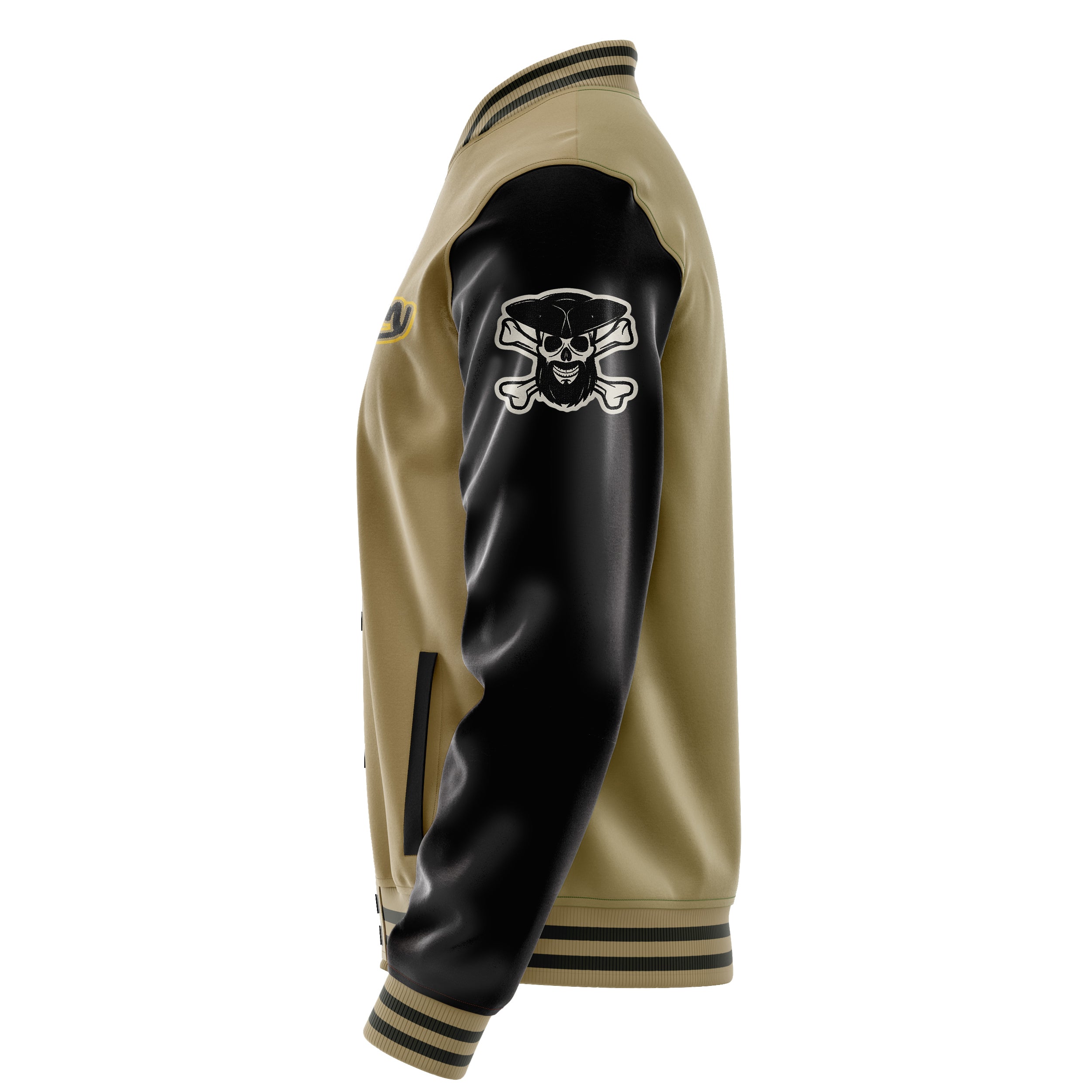 Custom Camel Varsity Jacket Patches Black Leather Sleeves - Skull