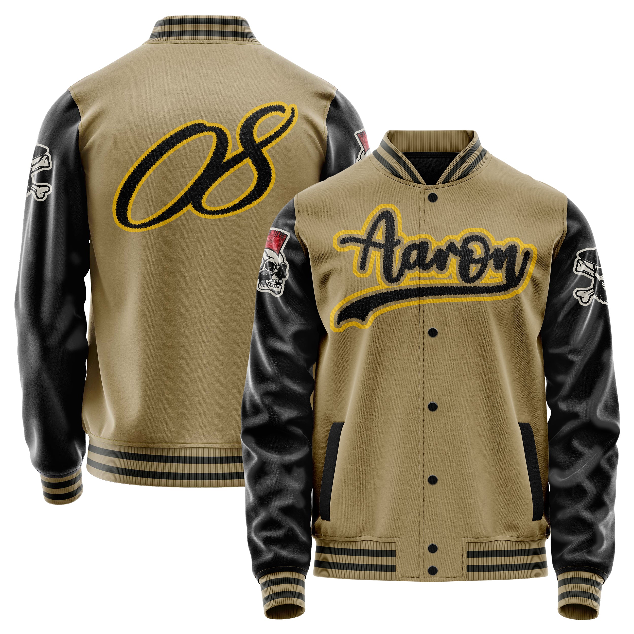 Custom Camel Varsity Jacket Patches Black Leather Sleeves - Skull