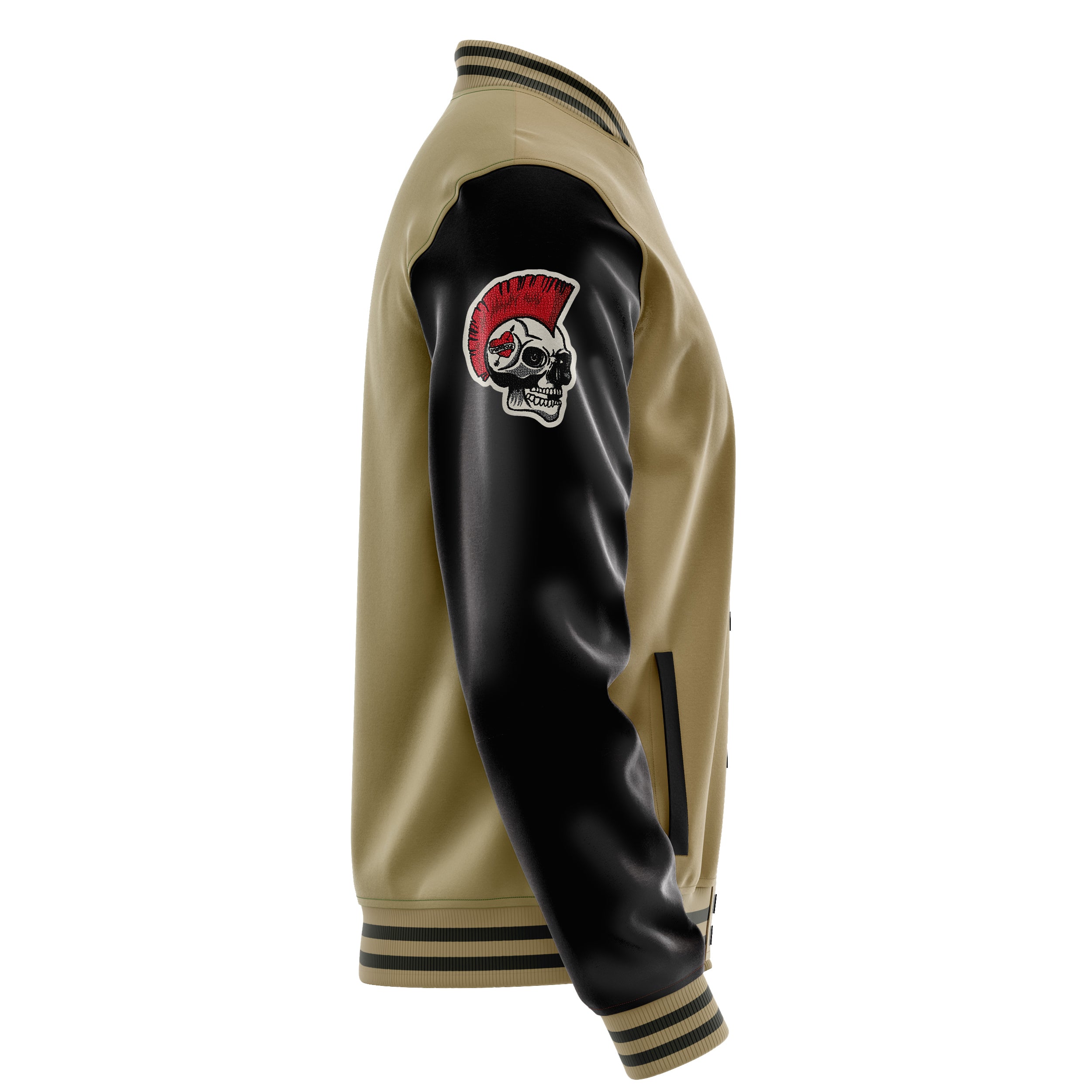 Custom Camel Varsity Jacket Patches Black Leather Sleeves - Skull