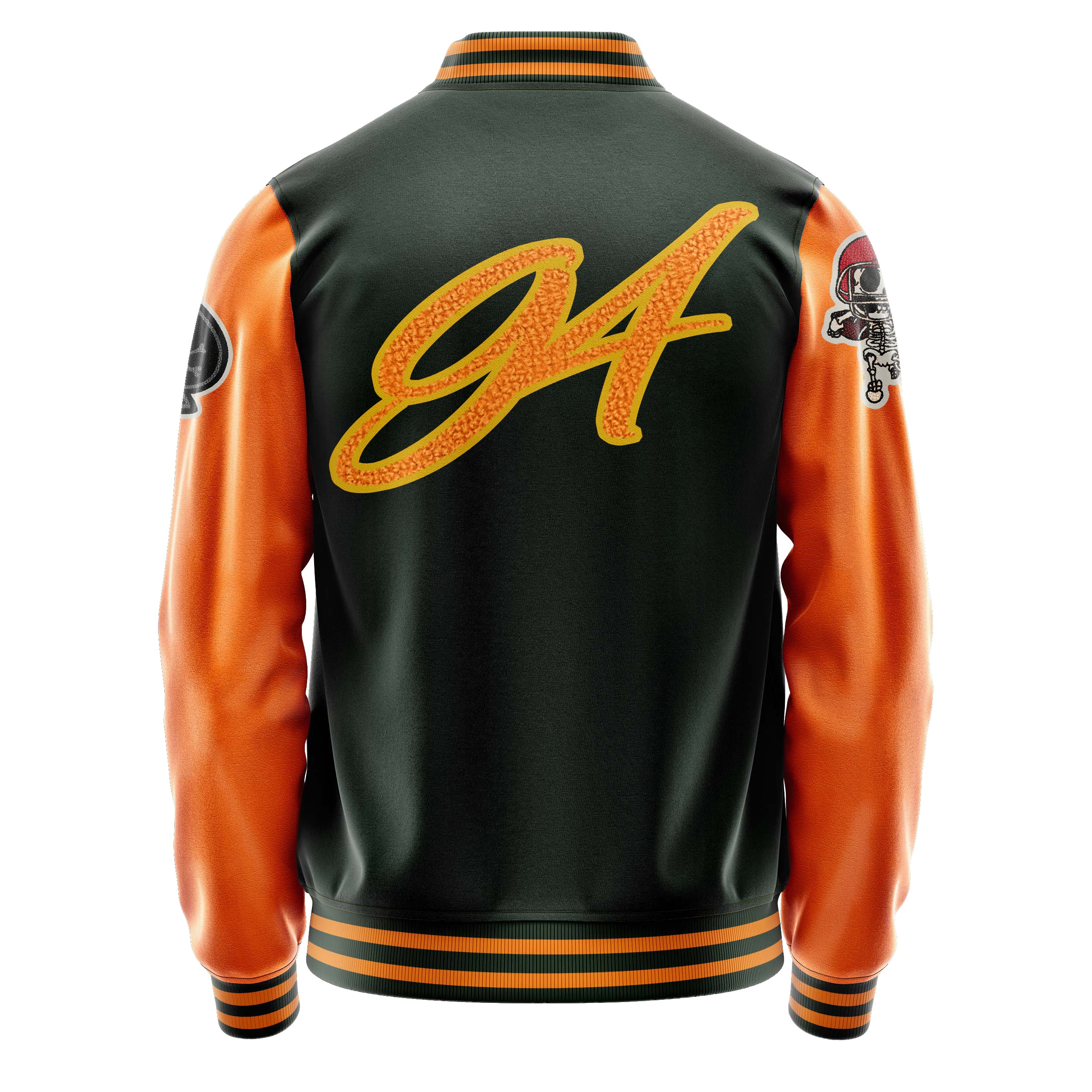 Custom Dark Green Varsity Jacket Patches Orange Leather Sleeves - Skull Rootball