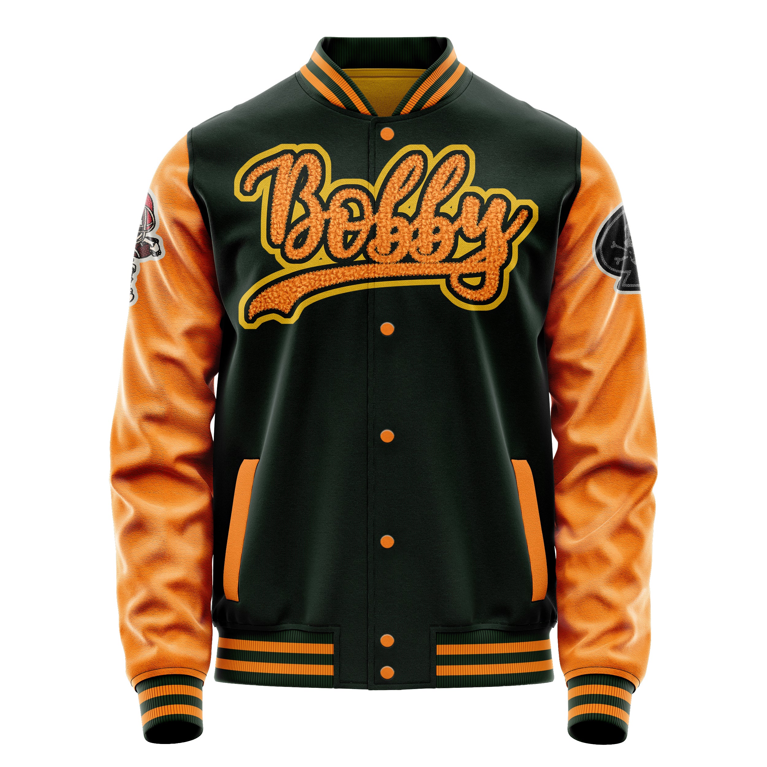 Custom Dark Green Varsity Jacket Patches Orange Leather Sleeves - Skull Rootball