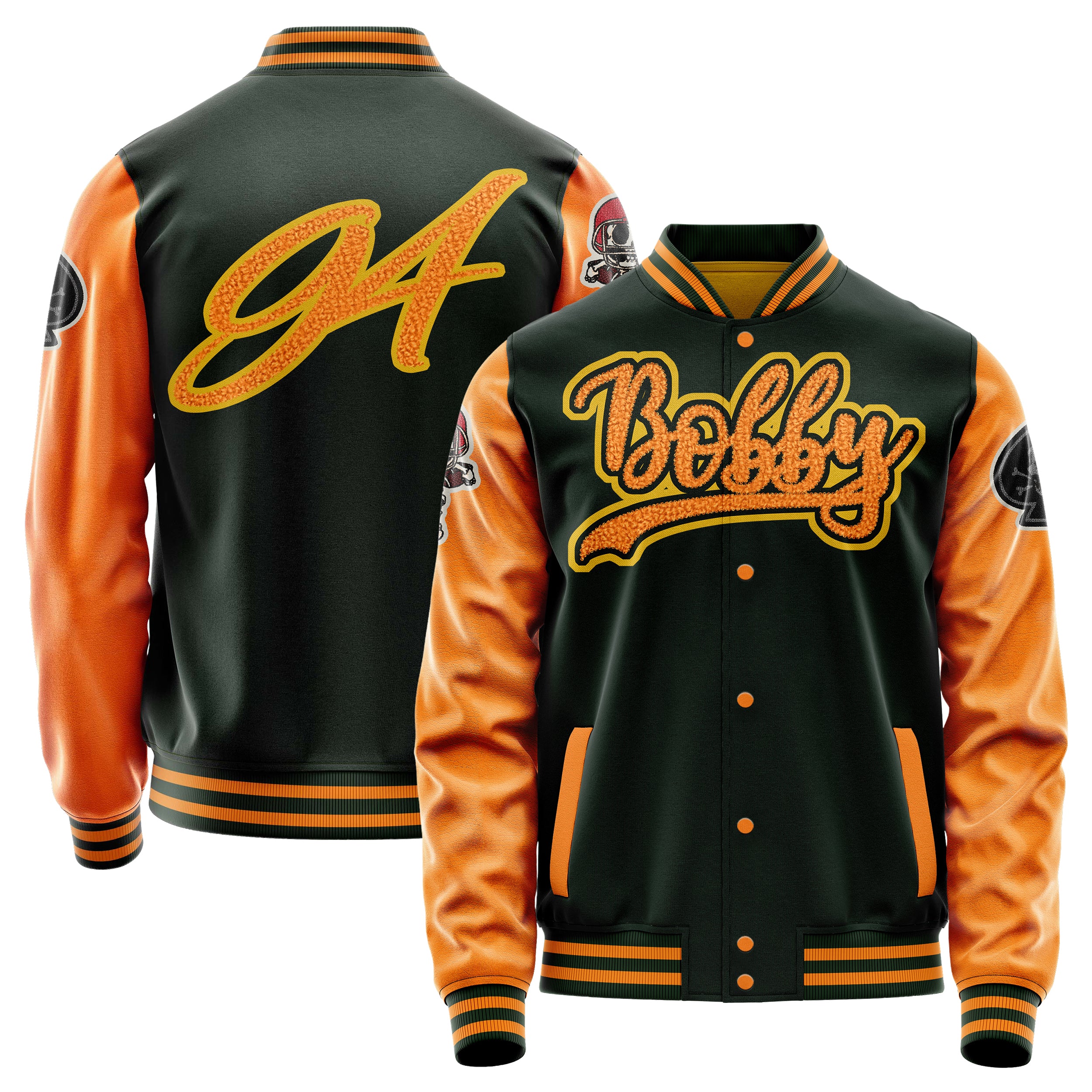 Custom Dark Green Varsity Jacket Patches Orange Leather Sleeves - Skull Rootball