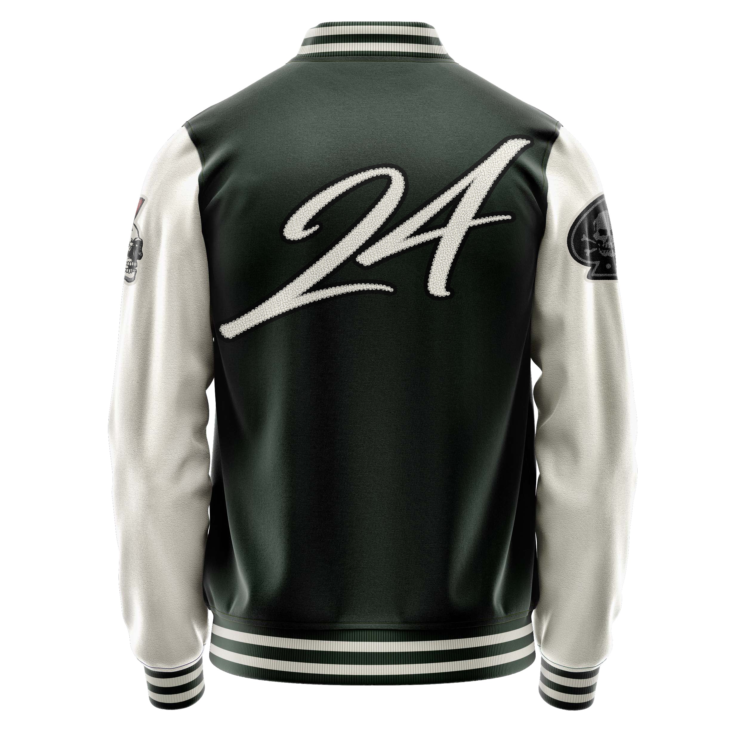Custom Dark Green Varsity Jacket Patches Beige Leather Sleeves - The skull of spades