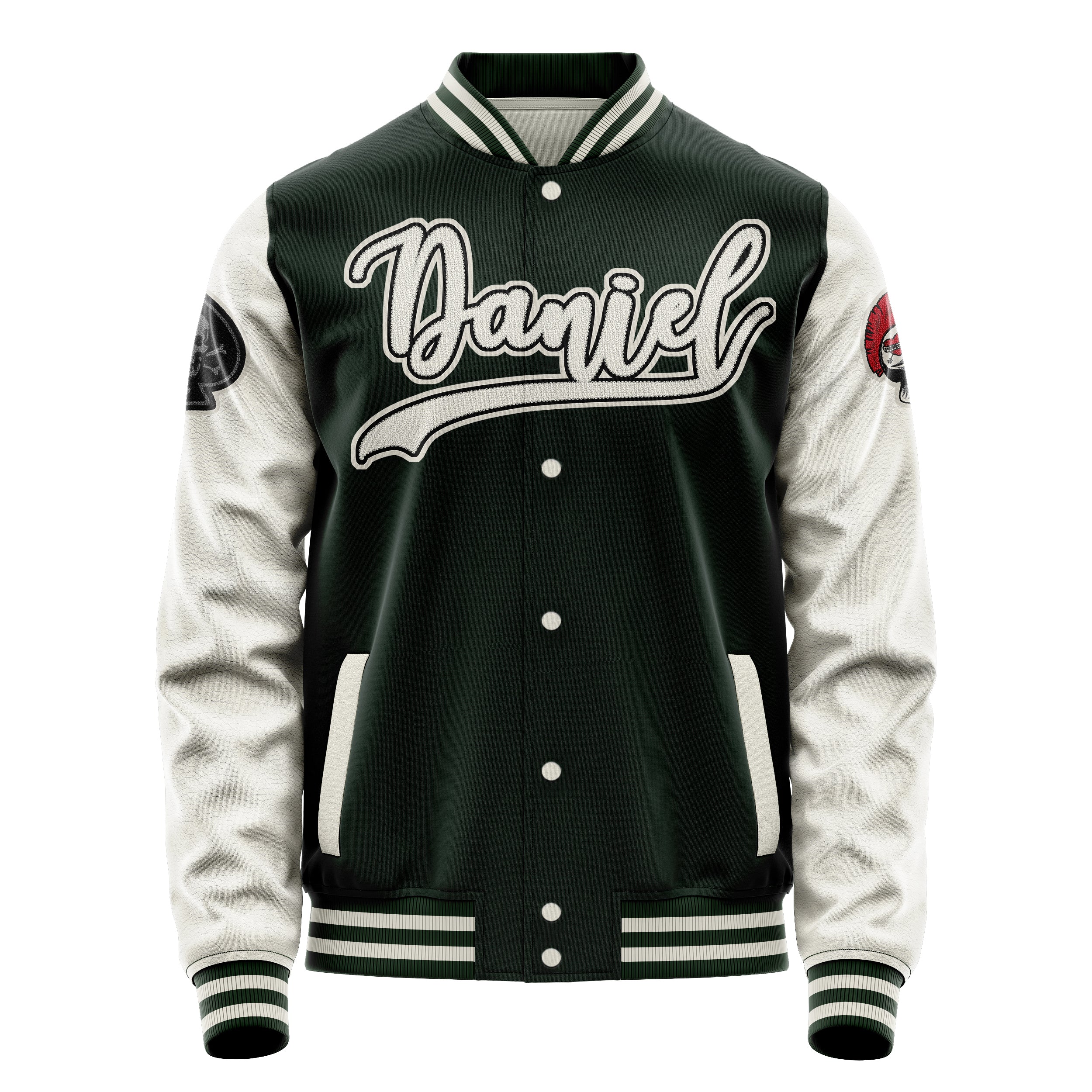 Custom Dark Green Varsity Jacket Patches Beige Leather Sleeves - The skull of spades