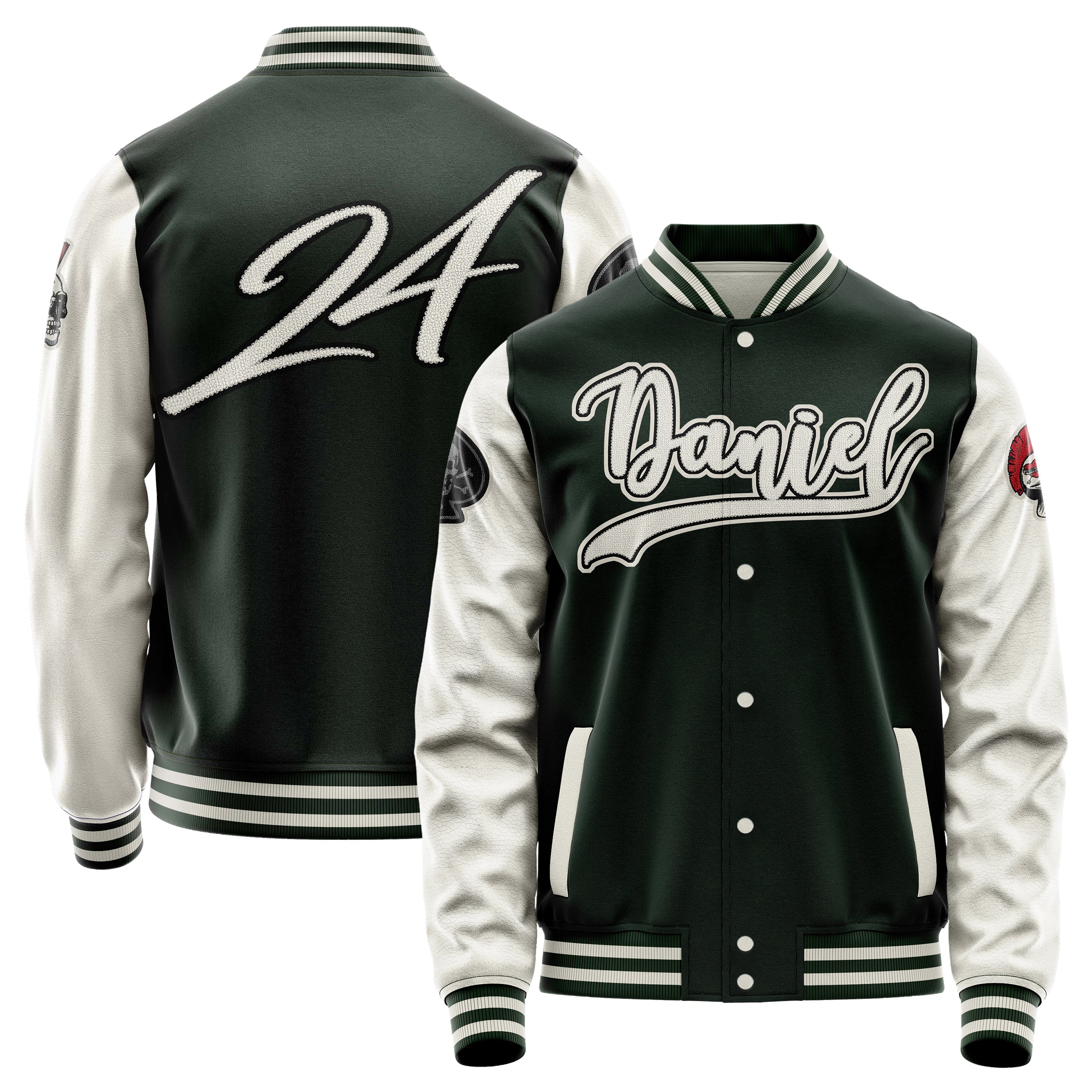 Custom Dark Green Varsity Jacket Patches Beige Leather Sleeves - The skull of spades