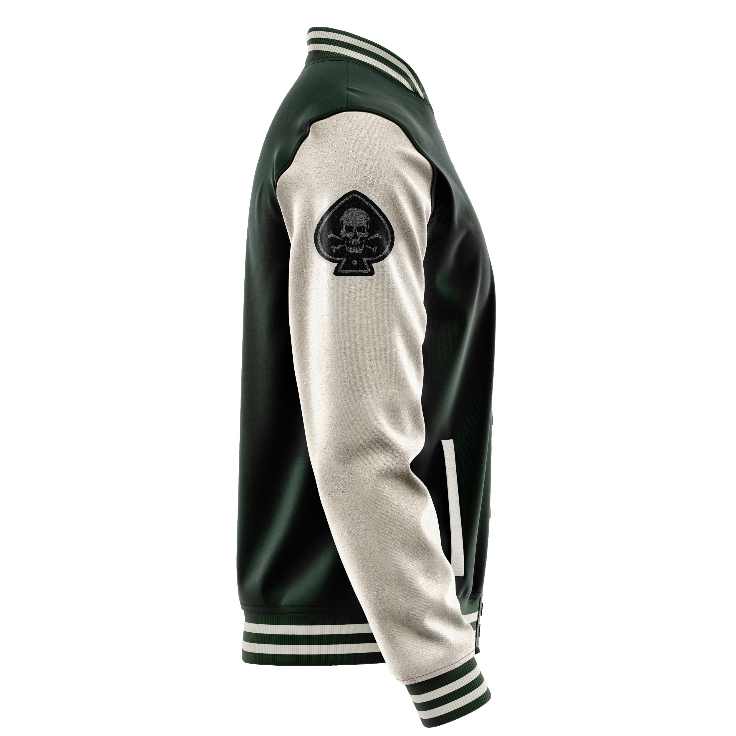Custom Dark Green Varsity Jacket Patches Beige Leather Sleeves - The skull of spades