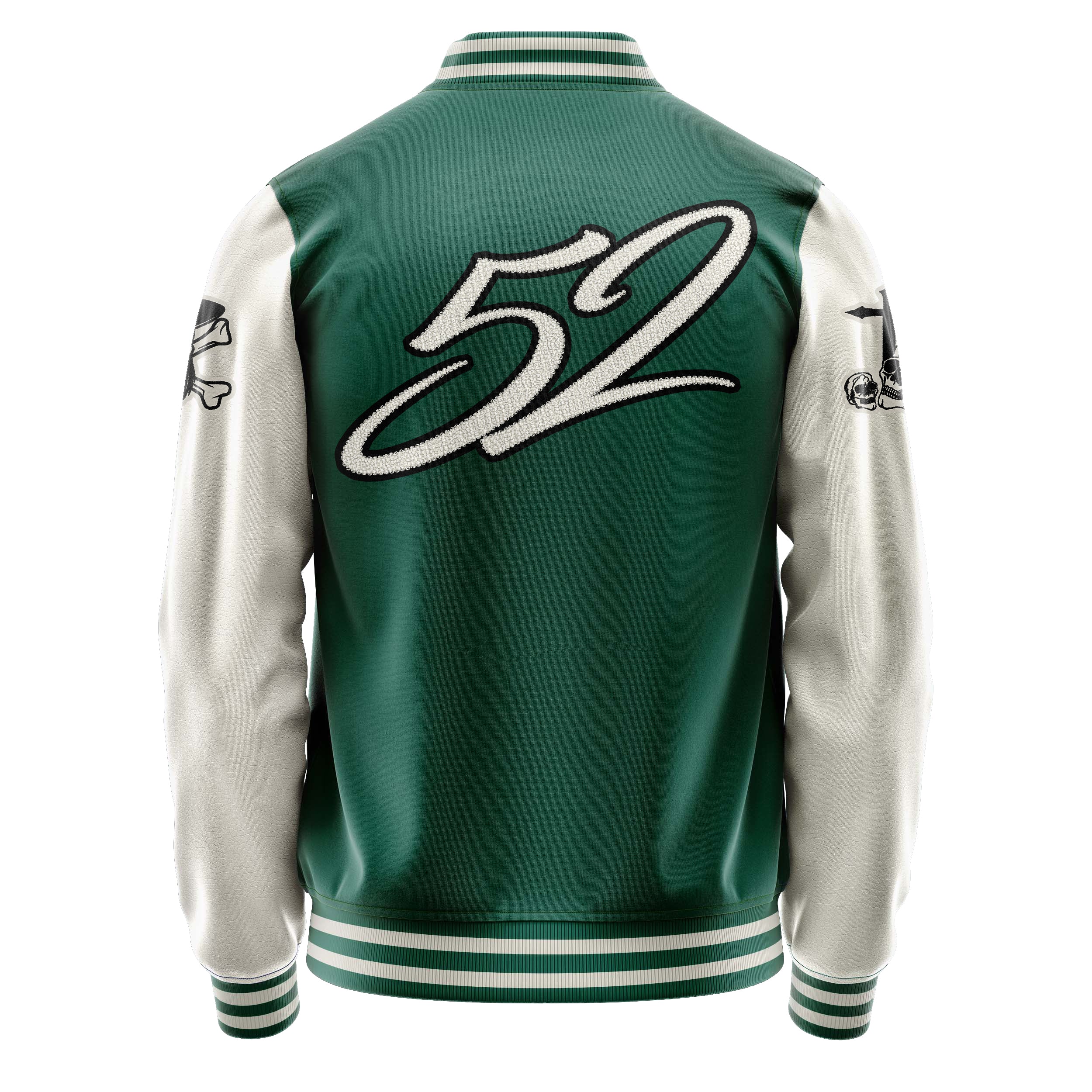 Custom Green Varsity Jacket Patches Beige Leather Sleeves - Skull& Cross