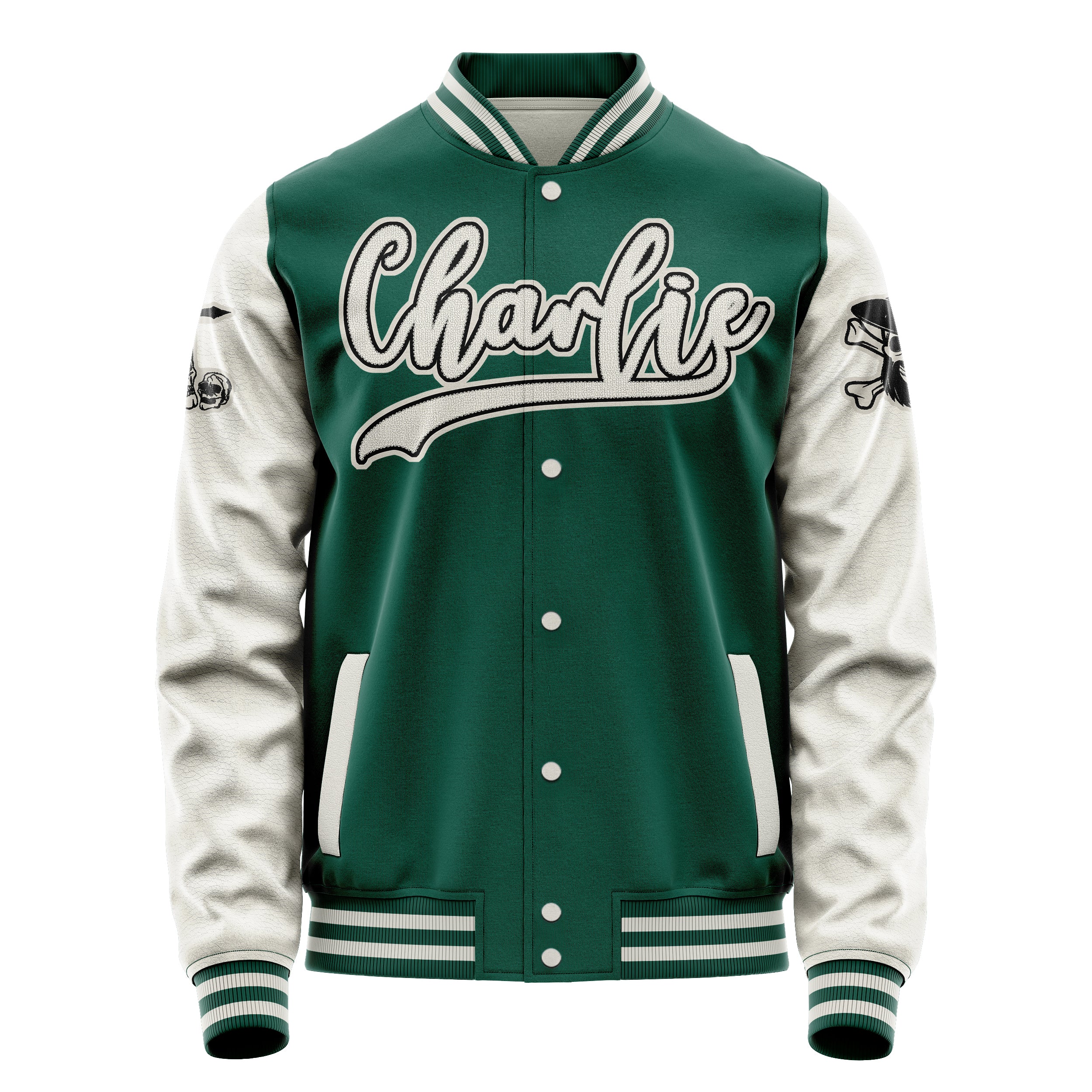 Custom Green Varsity Jacket Patches Beige Leather Sleeves - Skull& Cross