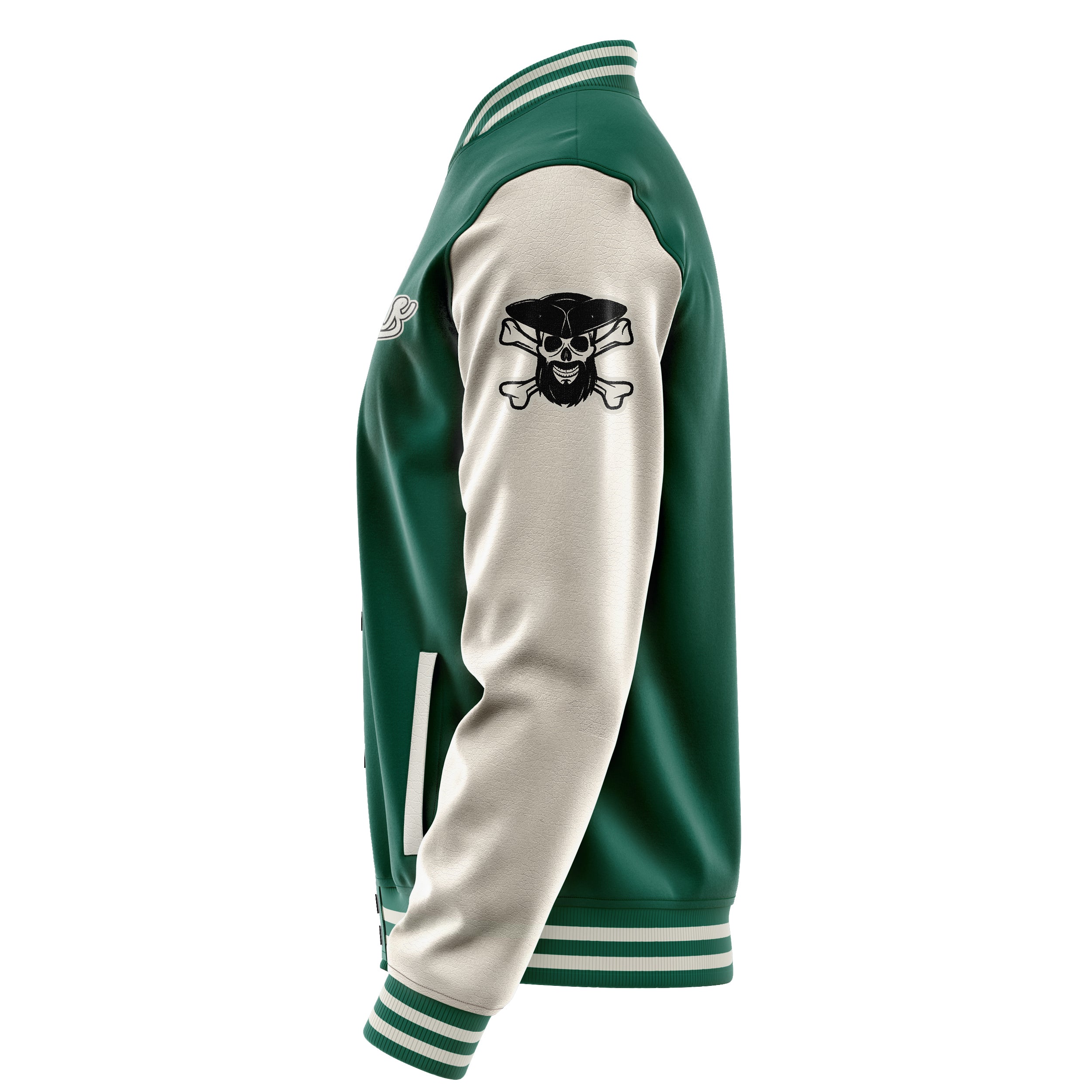 Custom Green Varsity Jacket Patches Beige Leather Sleeves - Skull& Cross