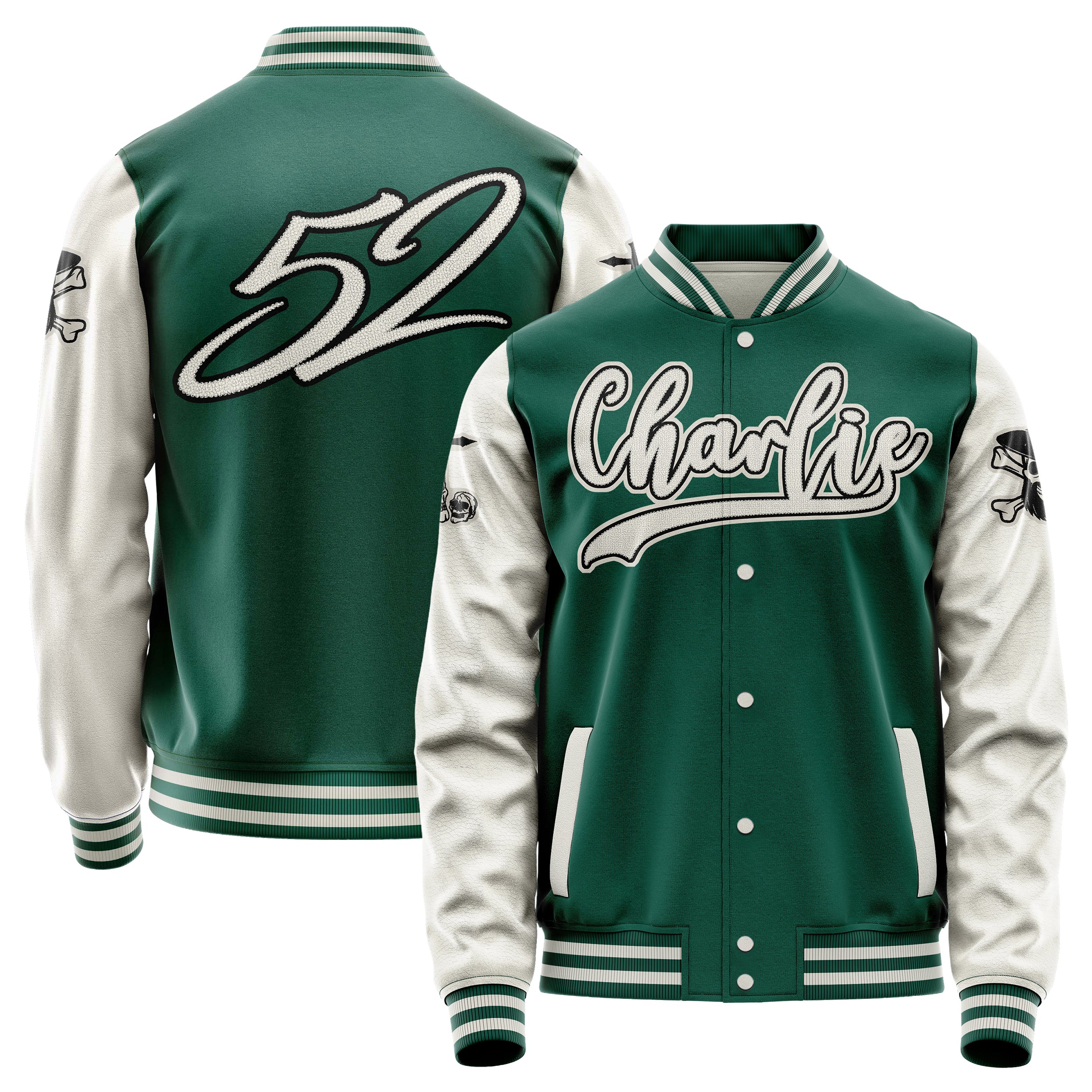 Custom Green Varsity Jacket Patches Beige Leather Sleeves - Skull& Cross