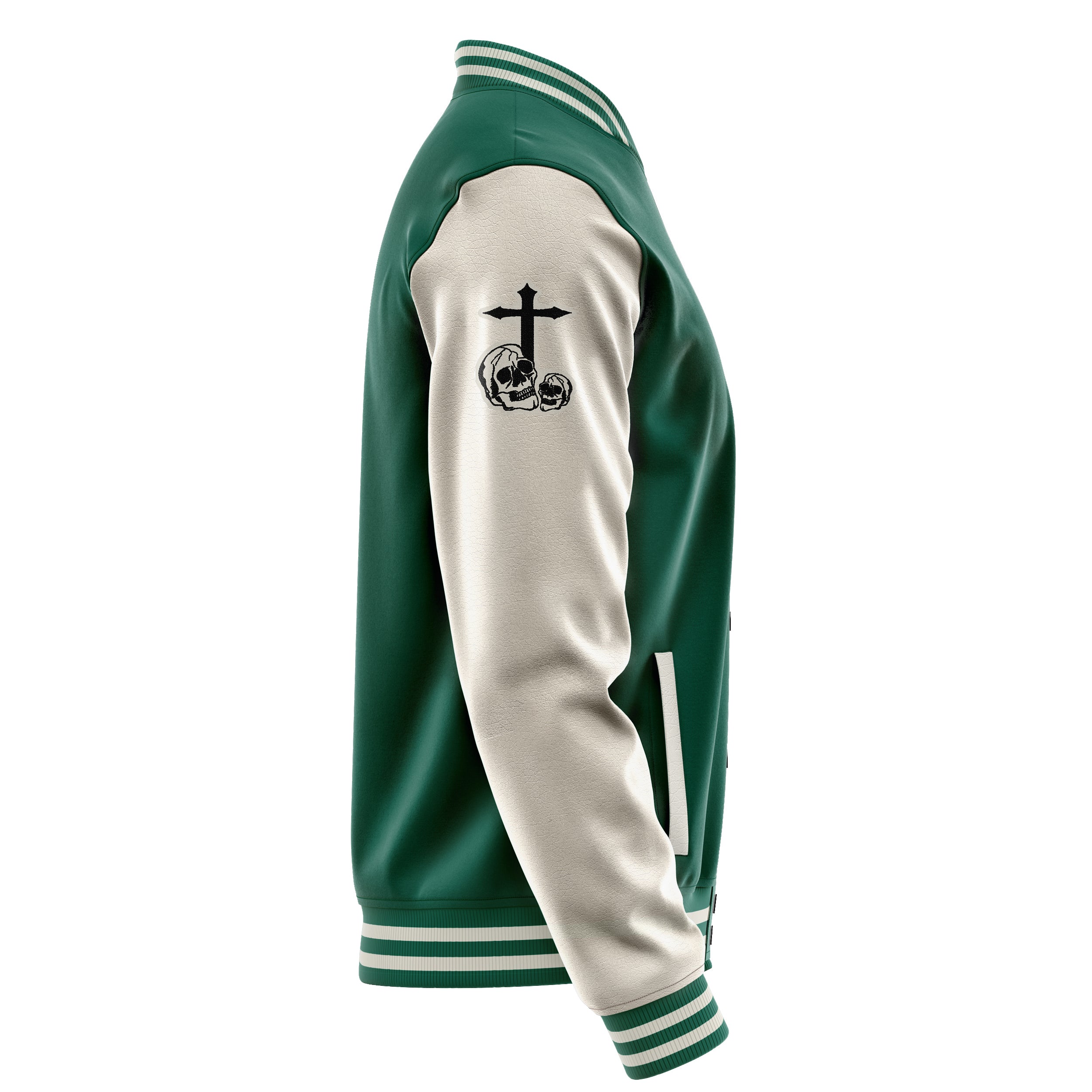 Custom Green Varsity Jacket Patches Beige Leather Sleeves - Skull& Cross