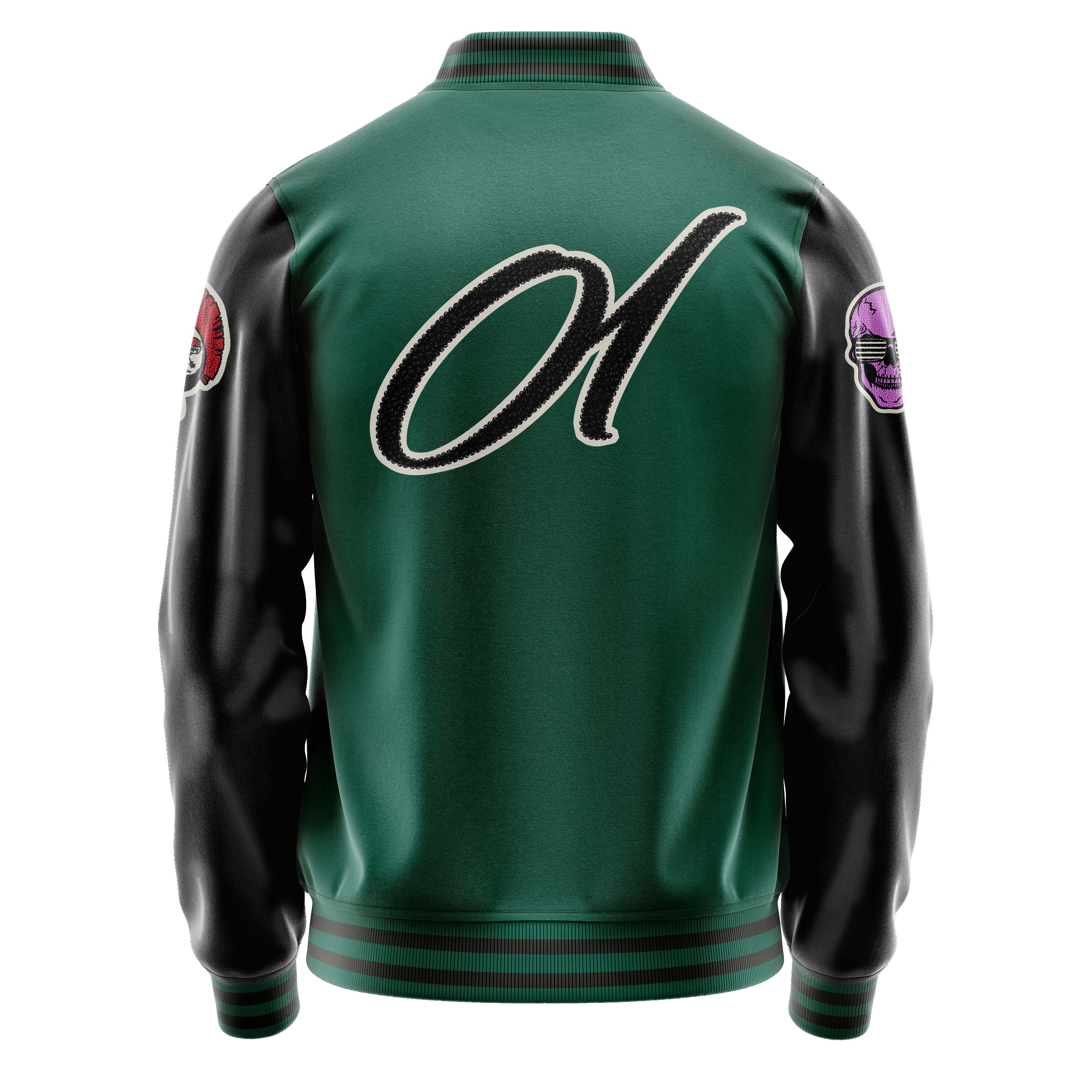 Custom Green Varsity Jacket Patches Black Leather Sleeves - Skull