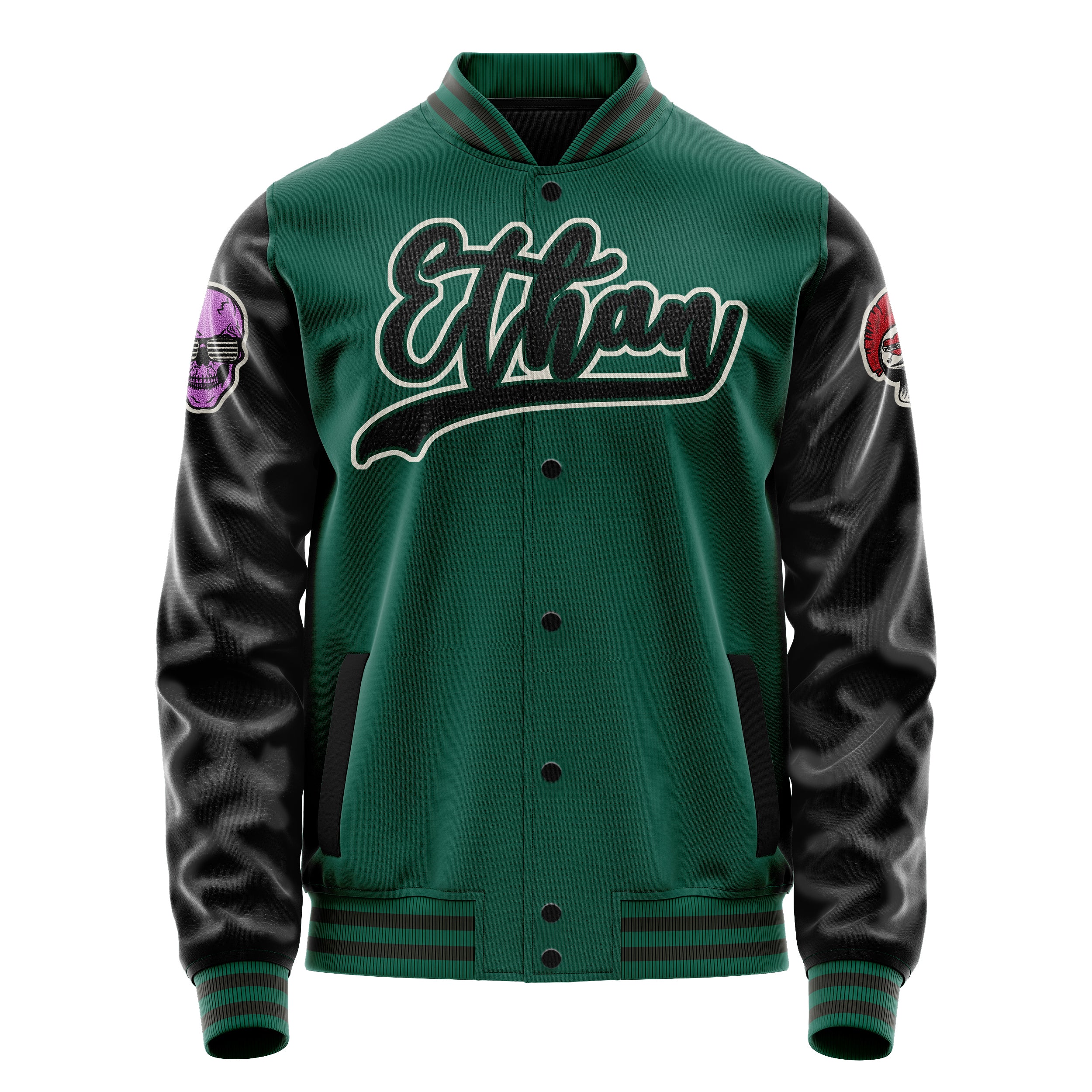 Custom Green Varsity Jacket Patches Black Leather Sleeves - Skull