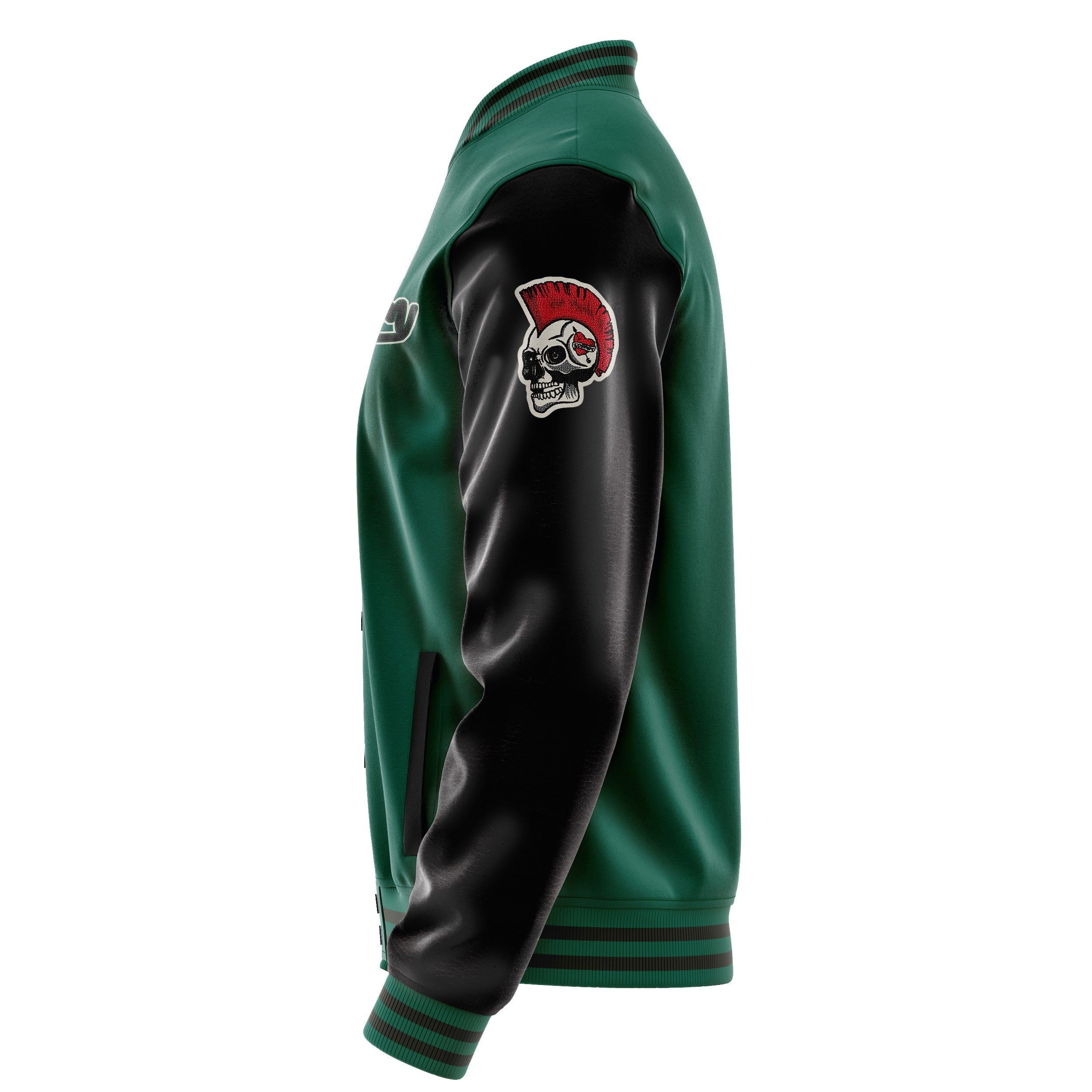 Custom Green Varsity Jacket Patches Black Leather Sleeves - Skull