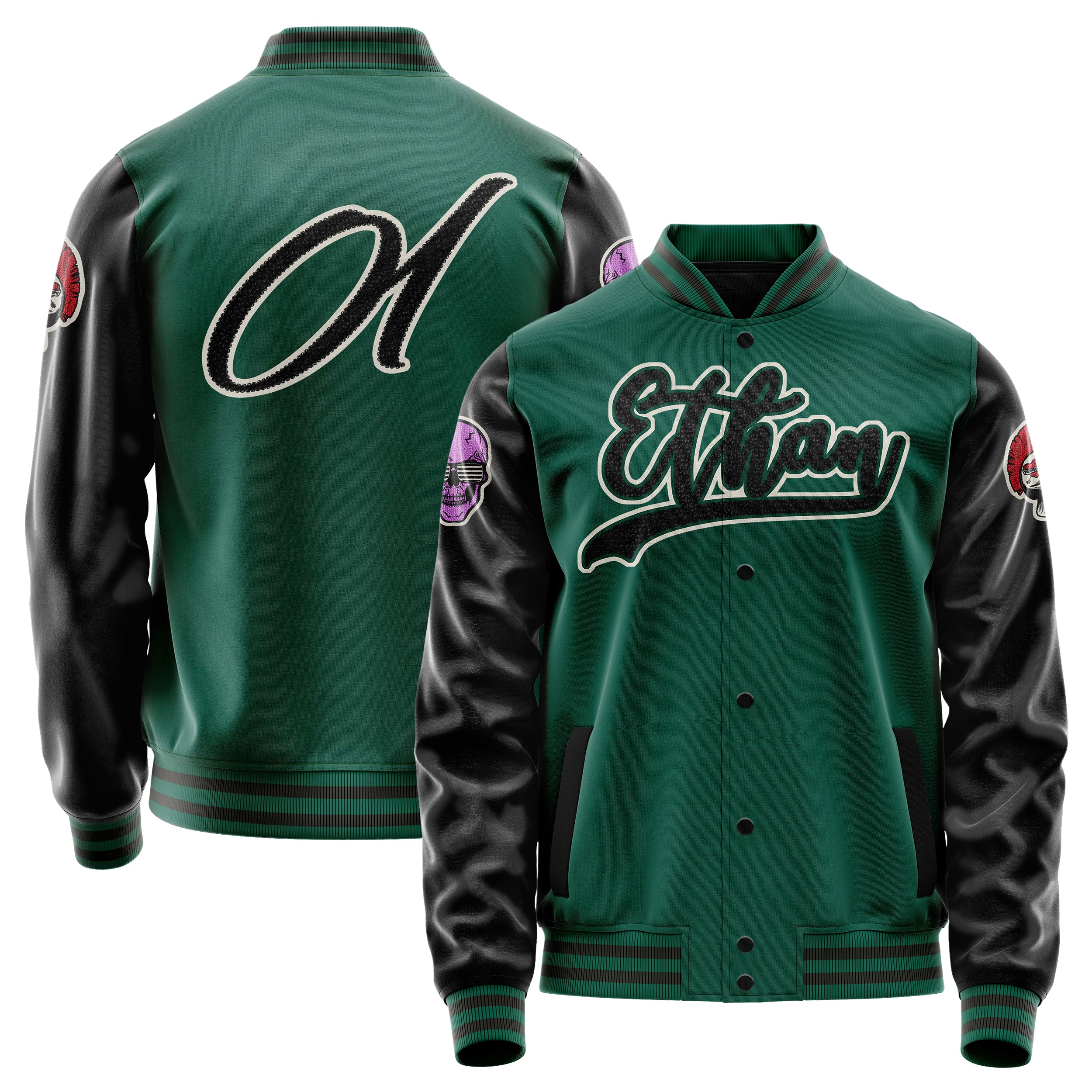 Custom Green Varsity Jacket Patches Black Leather Sleeves - Skull