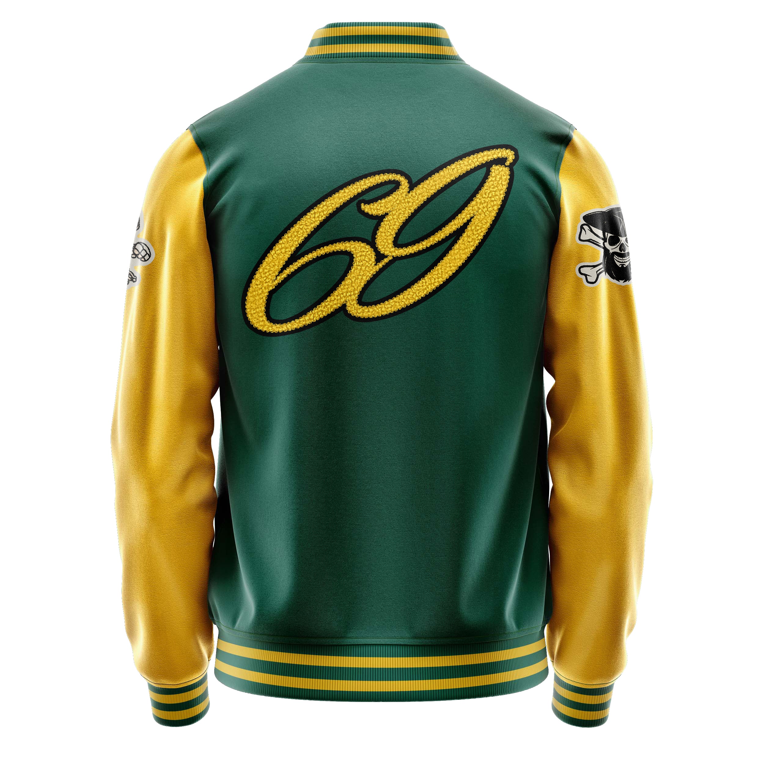 Custom Green Varsity Jacket Patches Egg Yellow Leather Sleeves - Skull Rootball