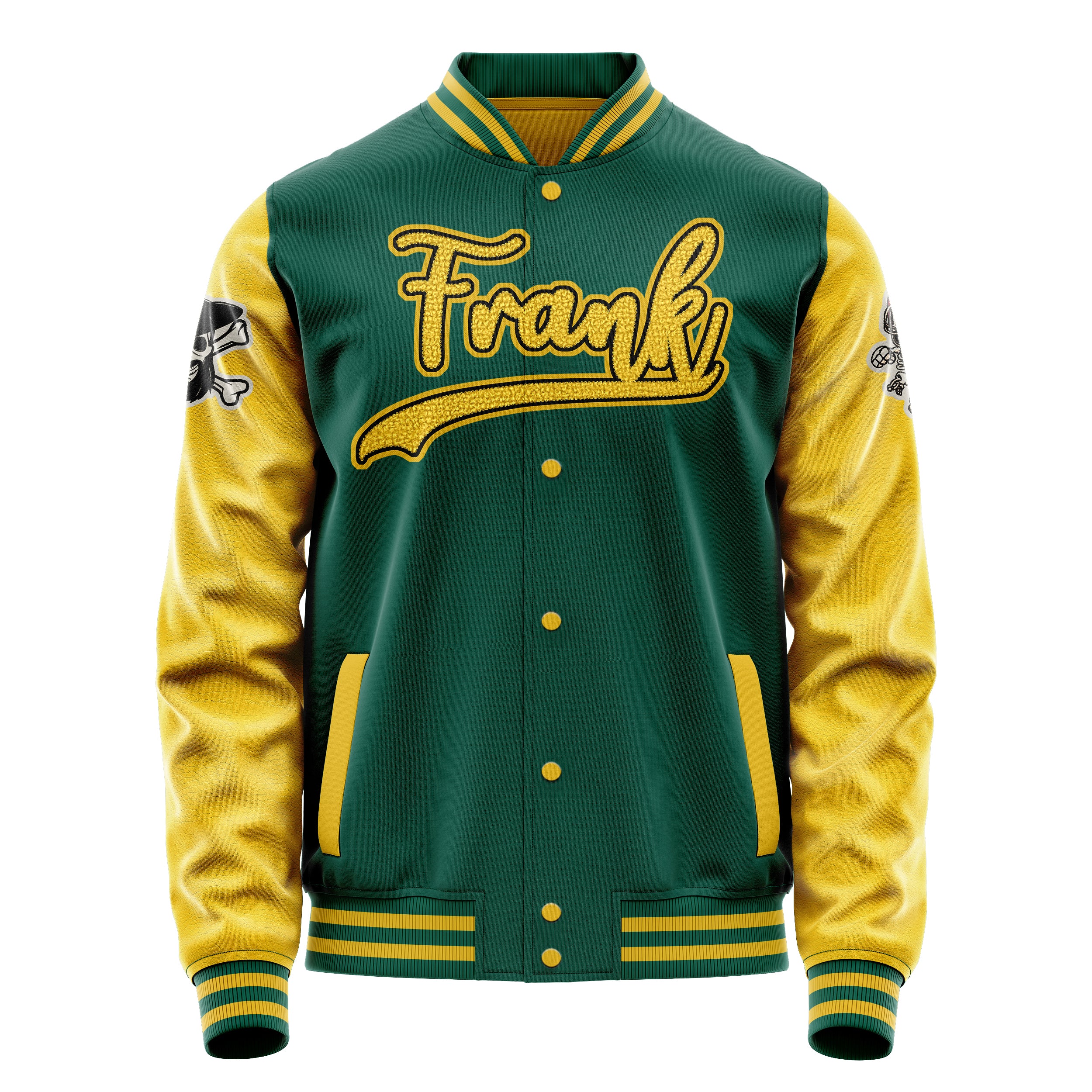 Custom Green Varsity Jacket Patches Egg Yellow Leather Sleeves - Skull Rootball