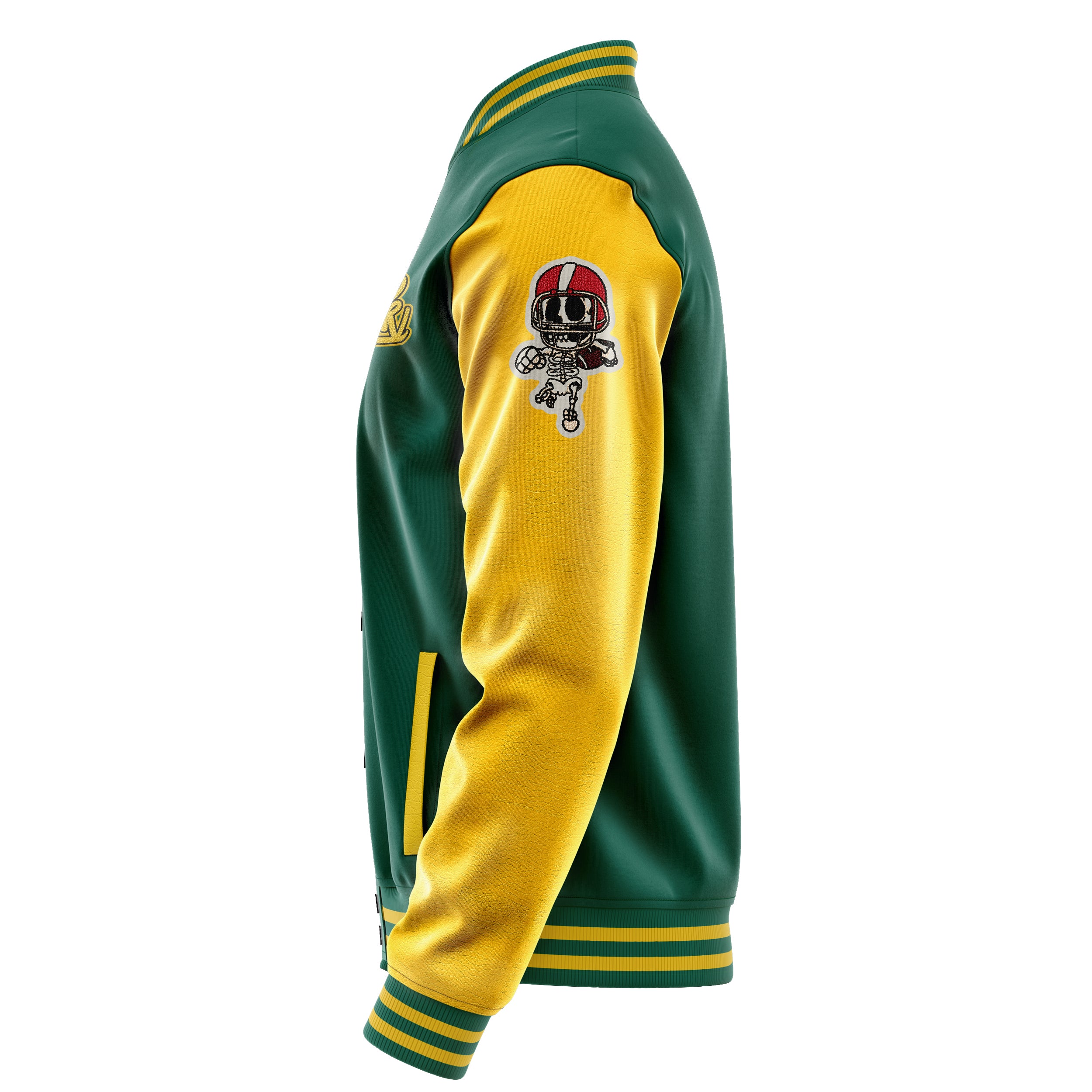 Custom Green Varsity Jacket Patches Egg Yellow Leather Sleeves - Skull Rootball