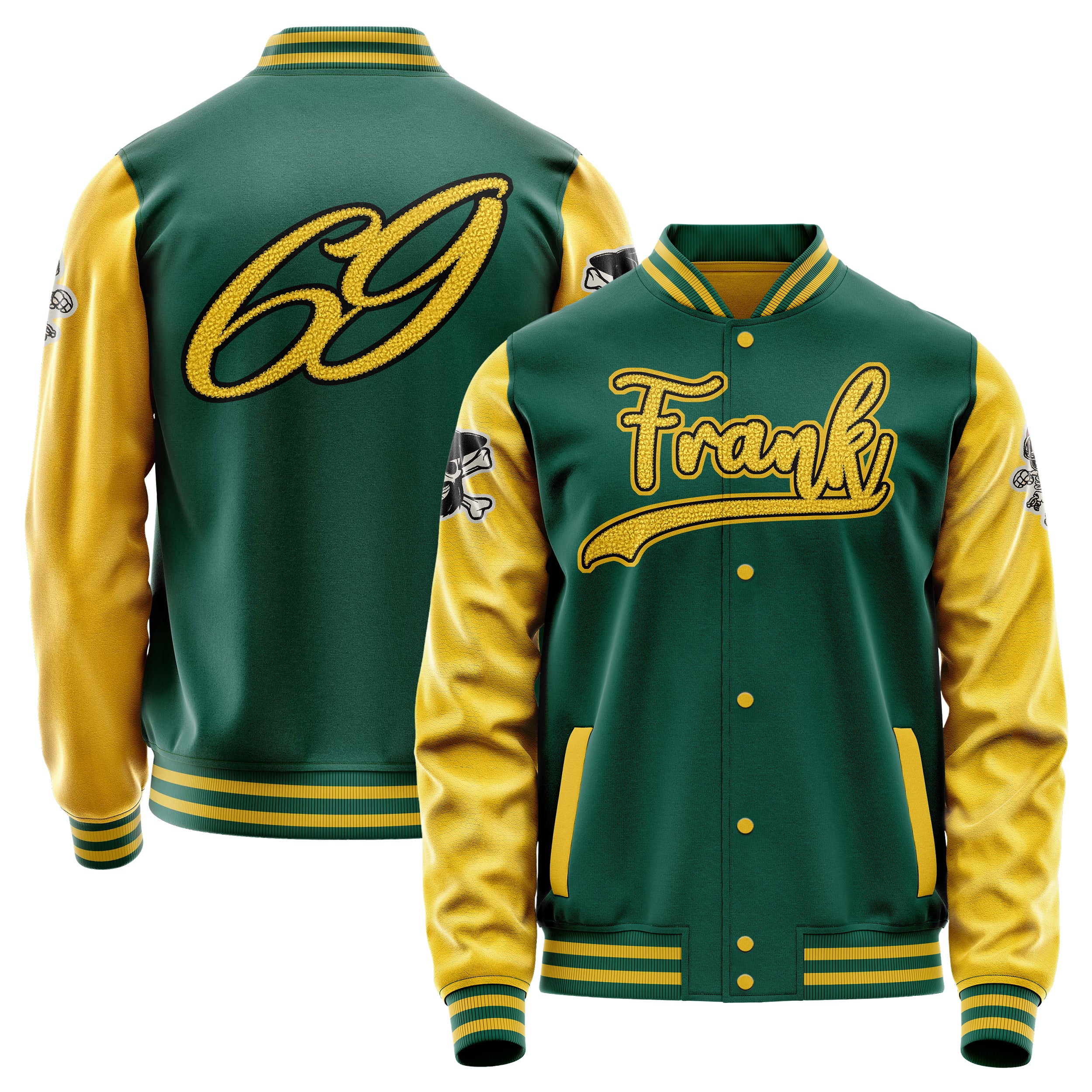 Custom Green Varsity Jacket Patches Egg Yellow Leather Sleeves - Skull Rootball