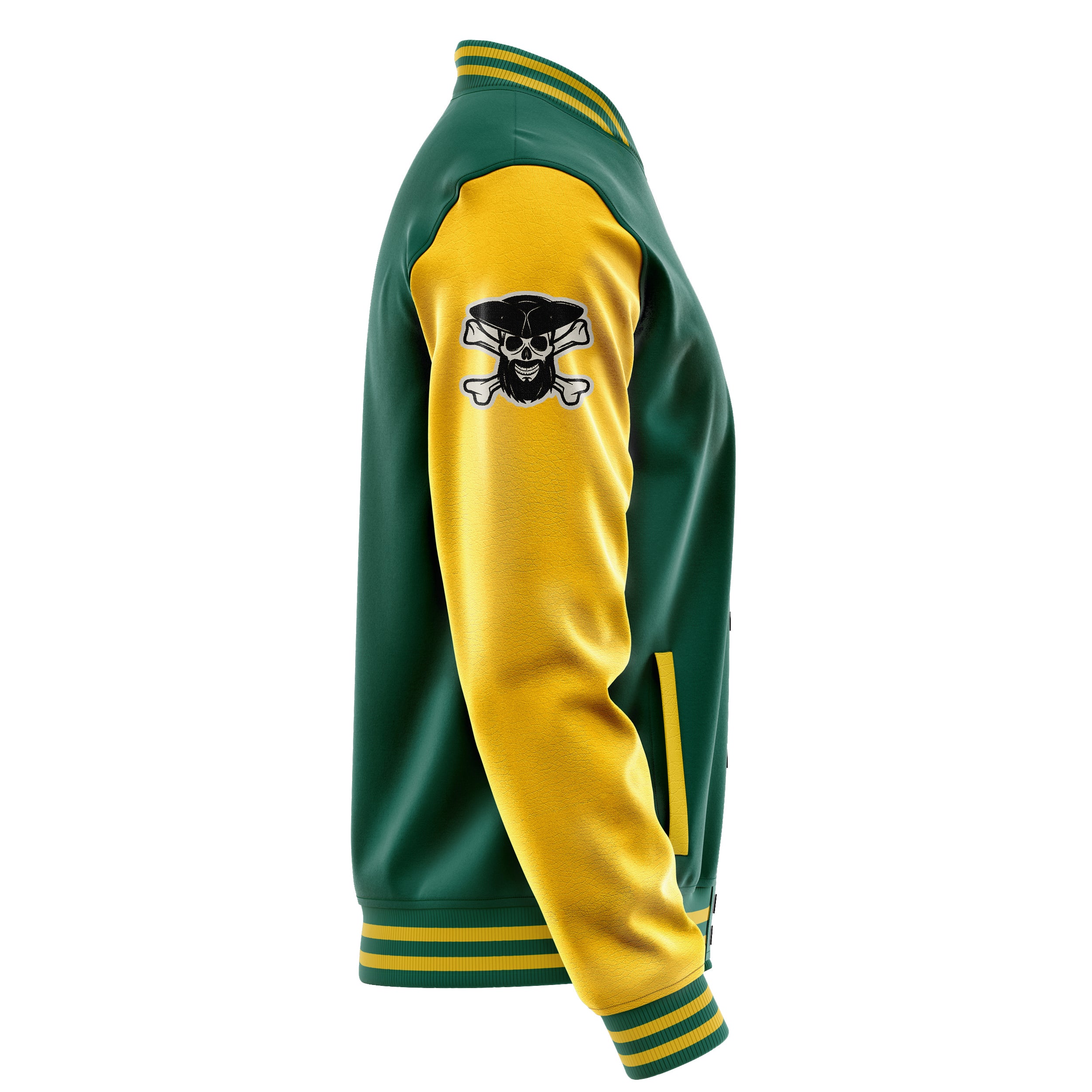 Custom Green Varsity Jacket Patches Egg Yellow Leather Sleeves - Skull Rootball
