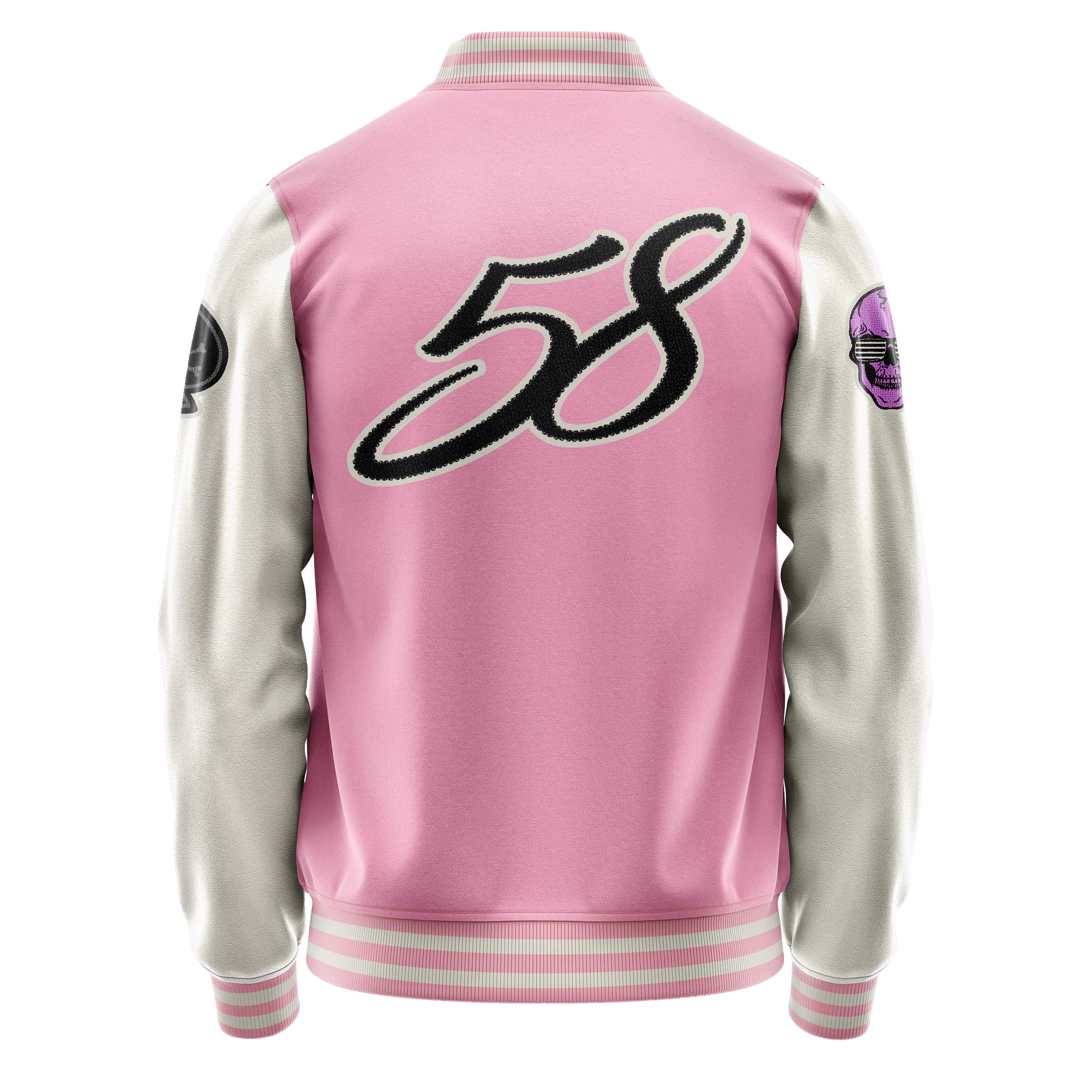 Custom Pink Varsity Jacket Patches Beige Leather Sleeves - Skull