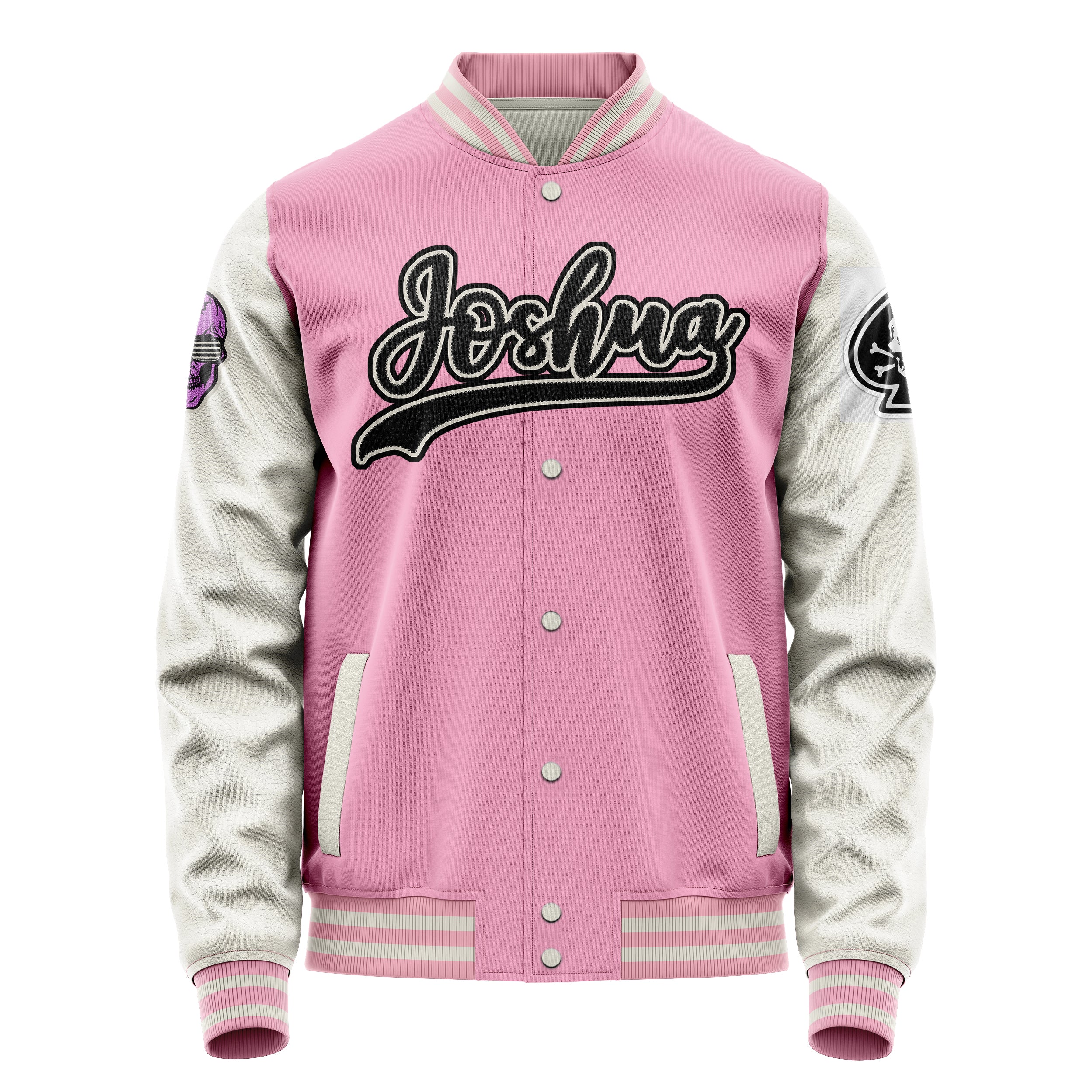 Custom Pink Varsity Jacket Patches Beige Leather Sleeves - Skull