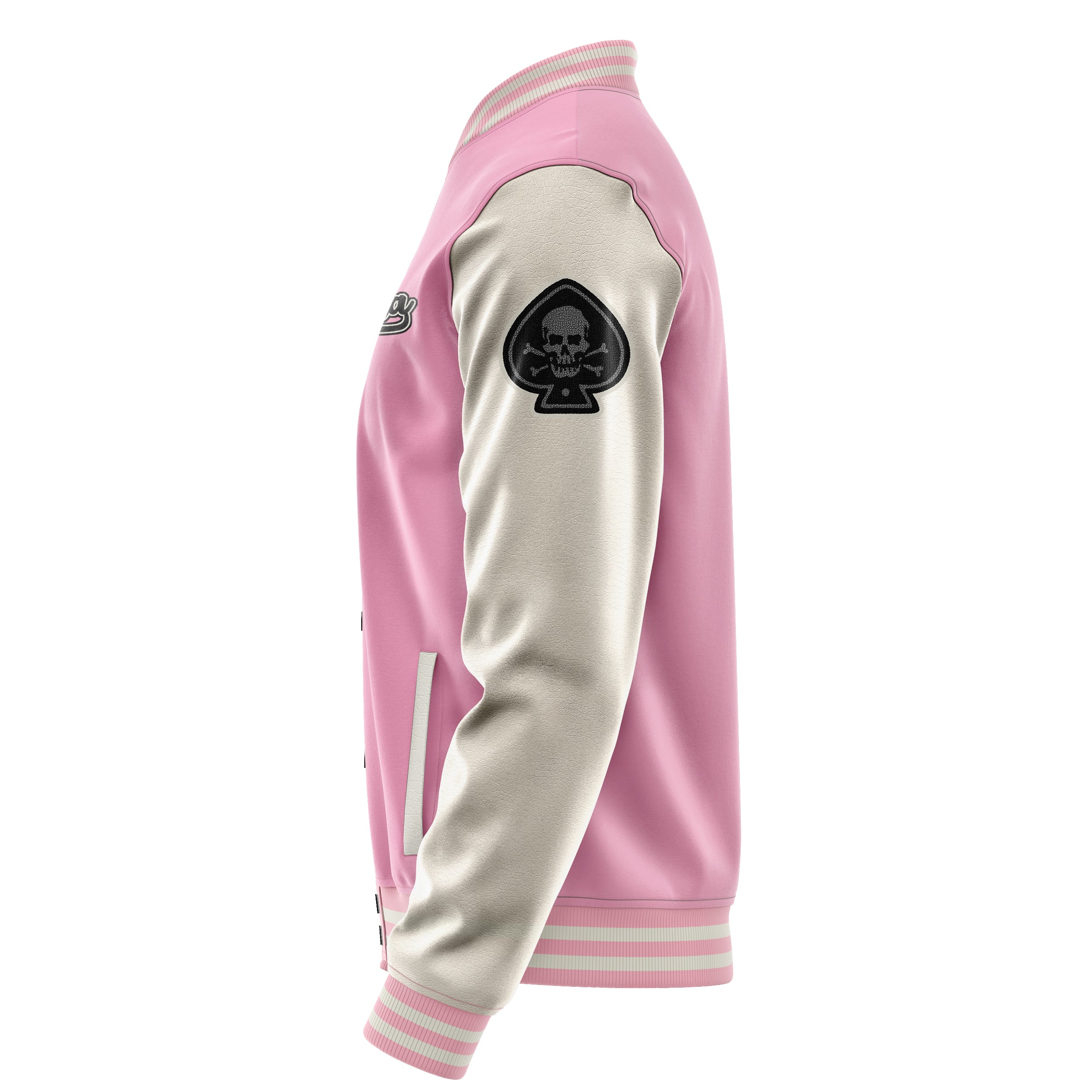 Custom Pink Varsity Jacket Patches Beige Leather Sleeves - Skull