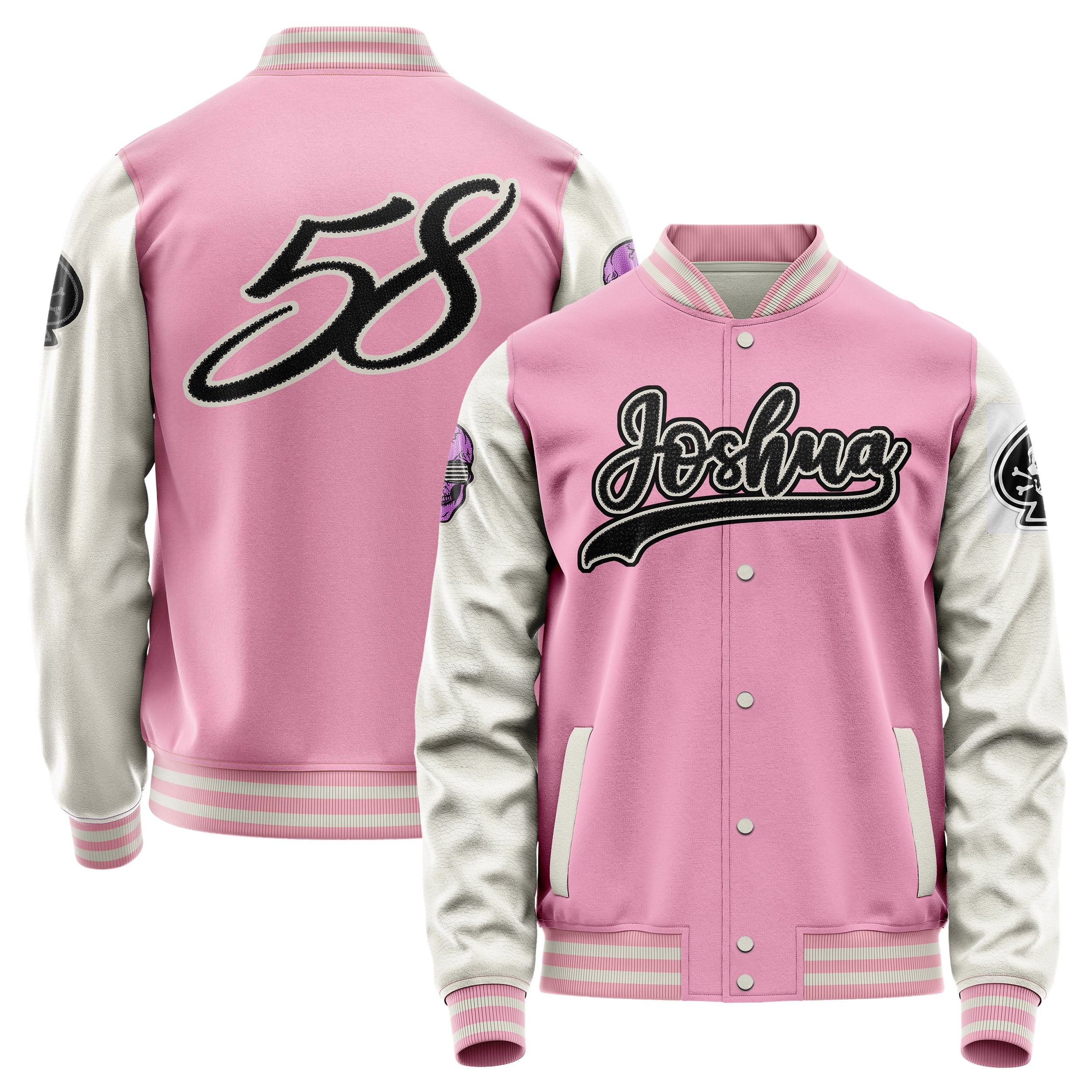 Custom Pink Varsity Jacket Patches Beige Leather Sleeves - Skull