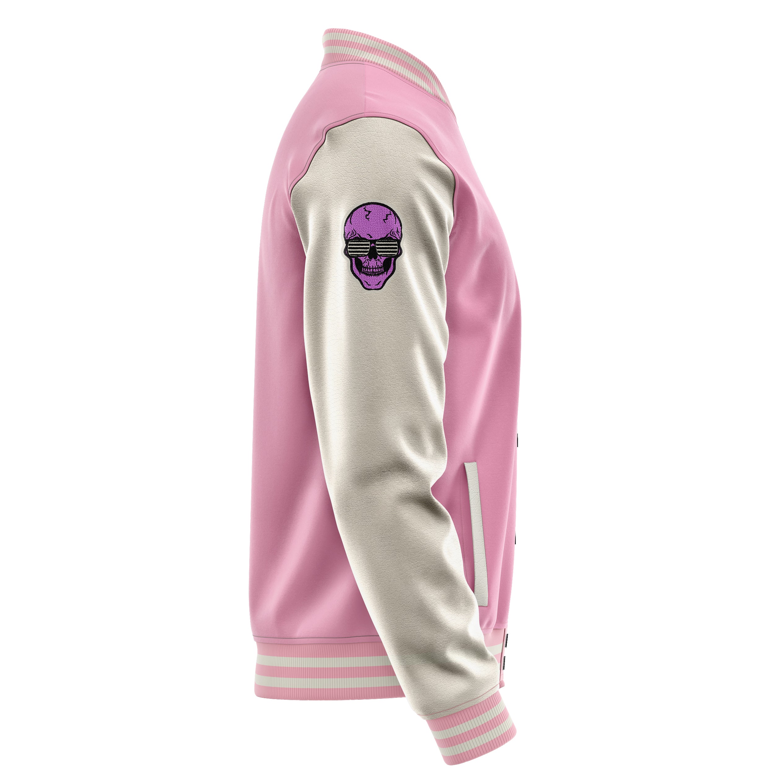 Custom Pink Varsity Jacket Patches Beige Leather Sleeves - Skull