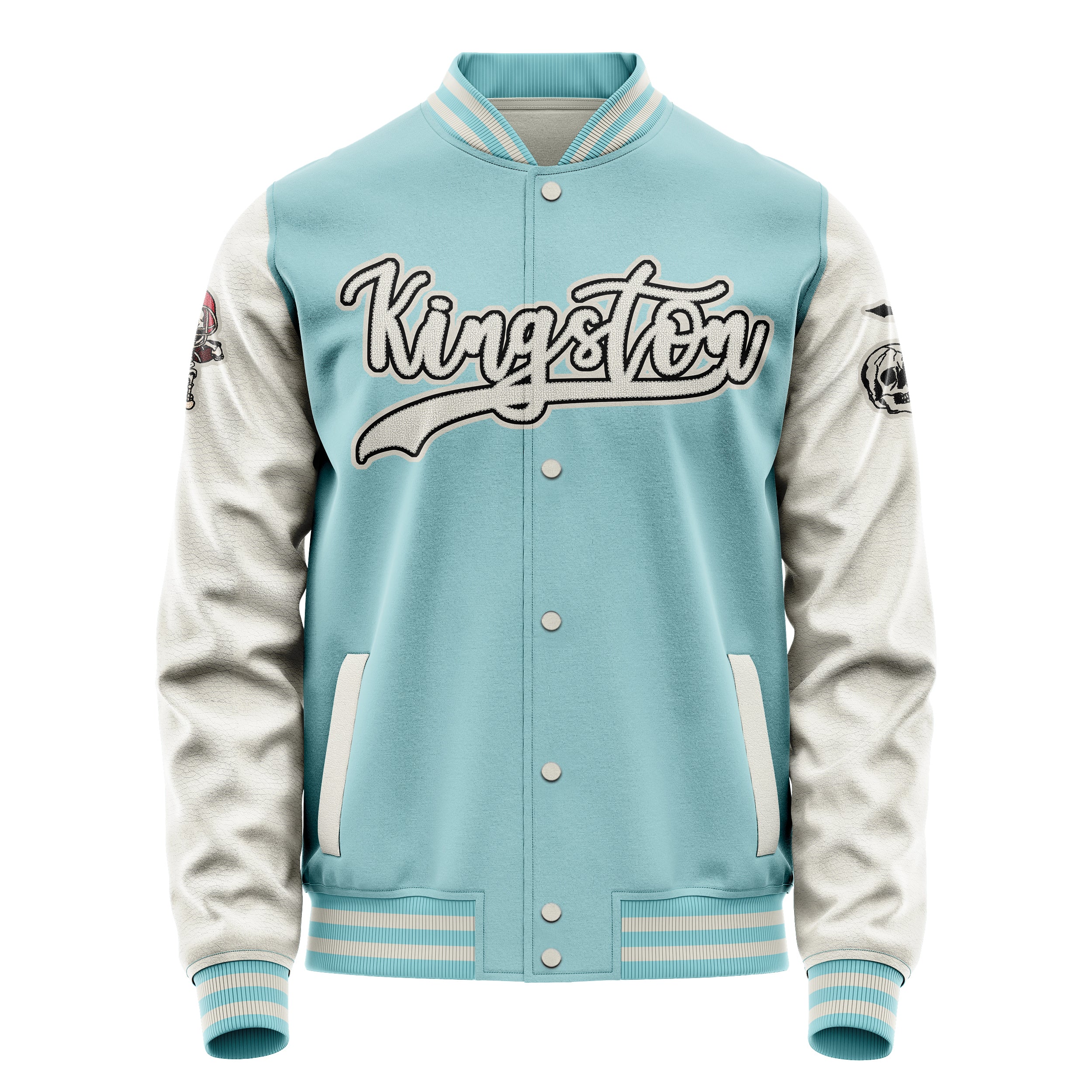 Custom Light Blue Varsity Jacket Patches Beige Leather Sleeves - Skull Rootball