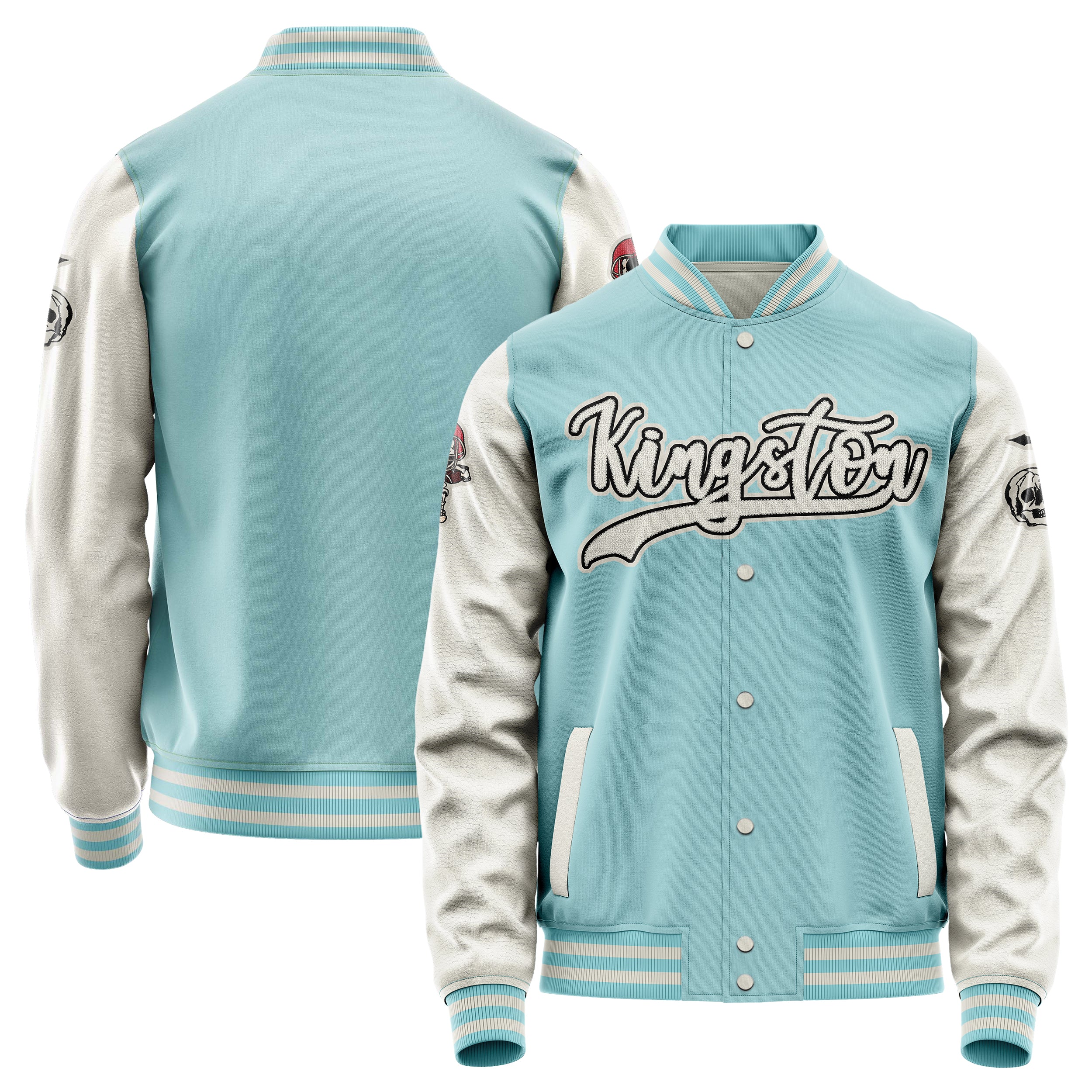 Custom Light Blue Varsity Jacket Patches Beige Leather Sleeves - Skull Rootball