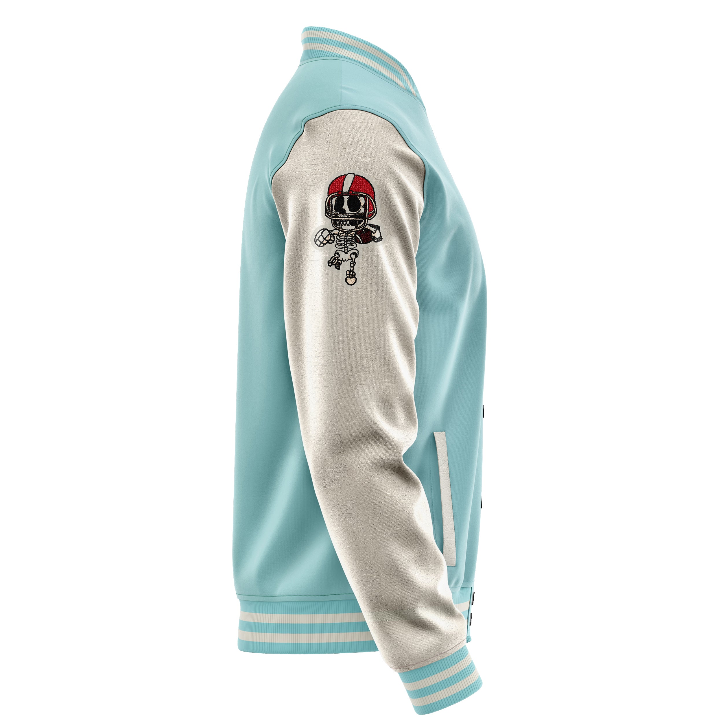 Custom Light Blue Varsity Jacket Patches Beige Leather Sleeves - Skull Rootball