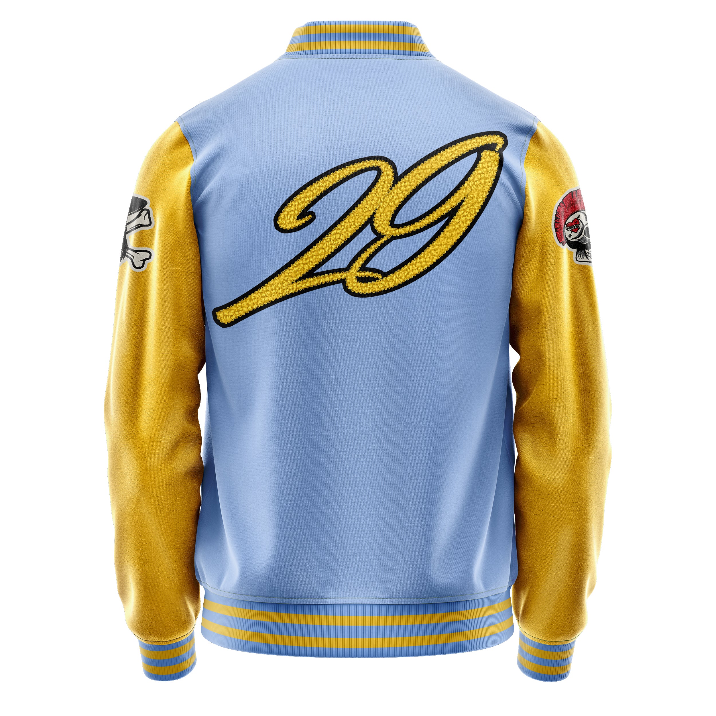 Custom Sky Blue Varsity Jacket Patches Egg Yellow Leather Sleeves - Skull