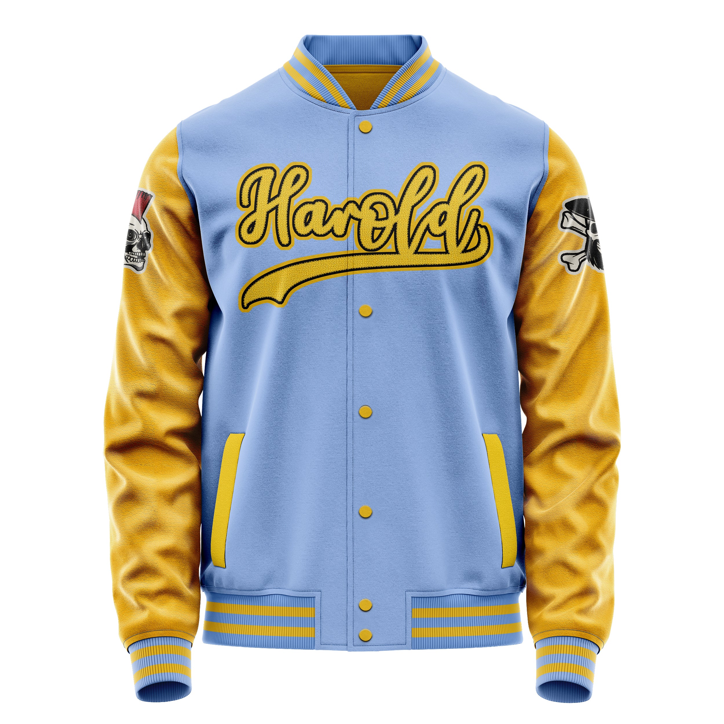 Custom Sky Blue Varsity Jacket Patches Egg Yellow Leather Sleeves - Skull