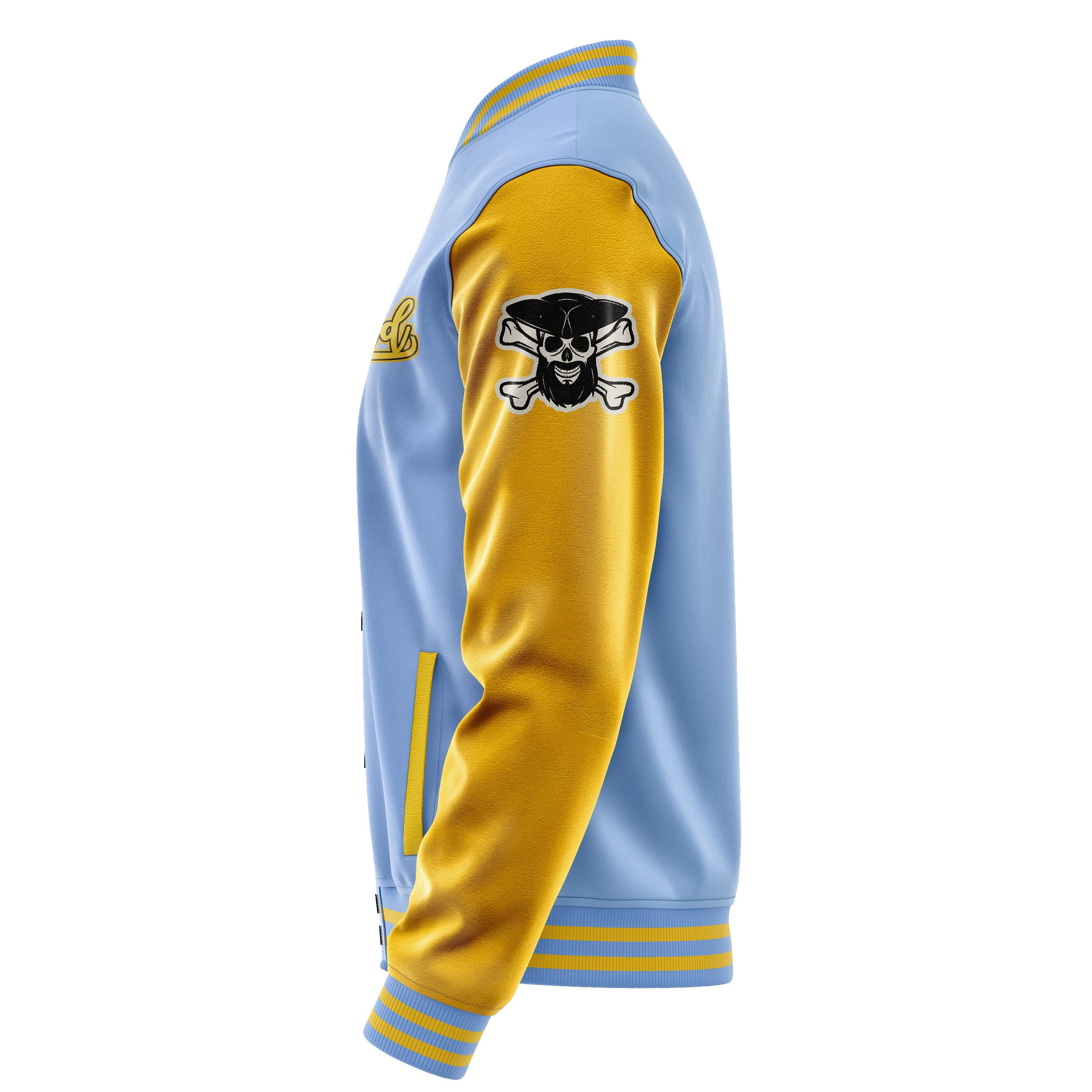 Custom Sky Blue Varsity Jacket Patches Egg Yellow Leather Sleeves - Skull