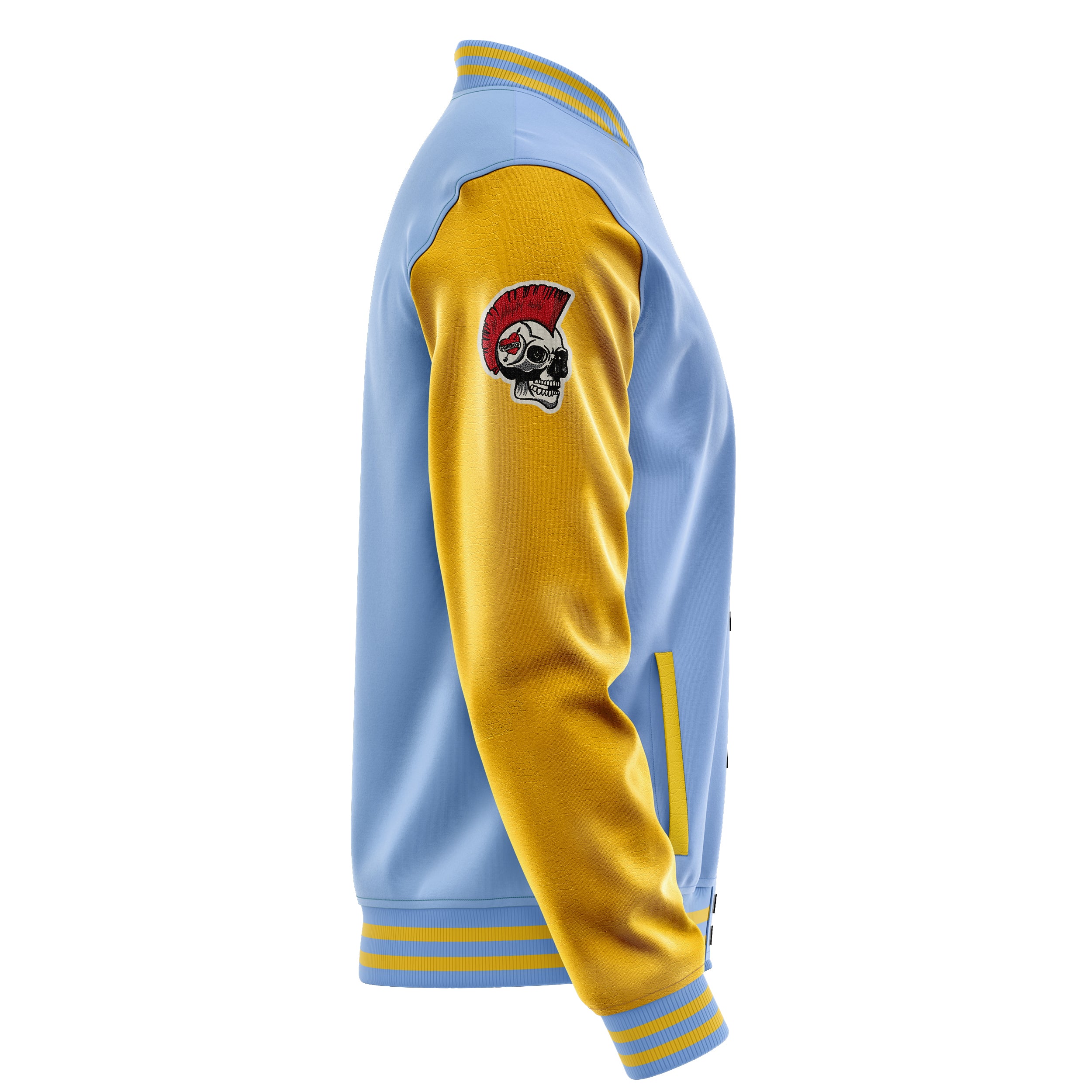 Custom Sky Blue Varsity Jacket Patches Egg Yellow Leather Sleeves - Skull