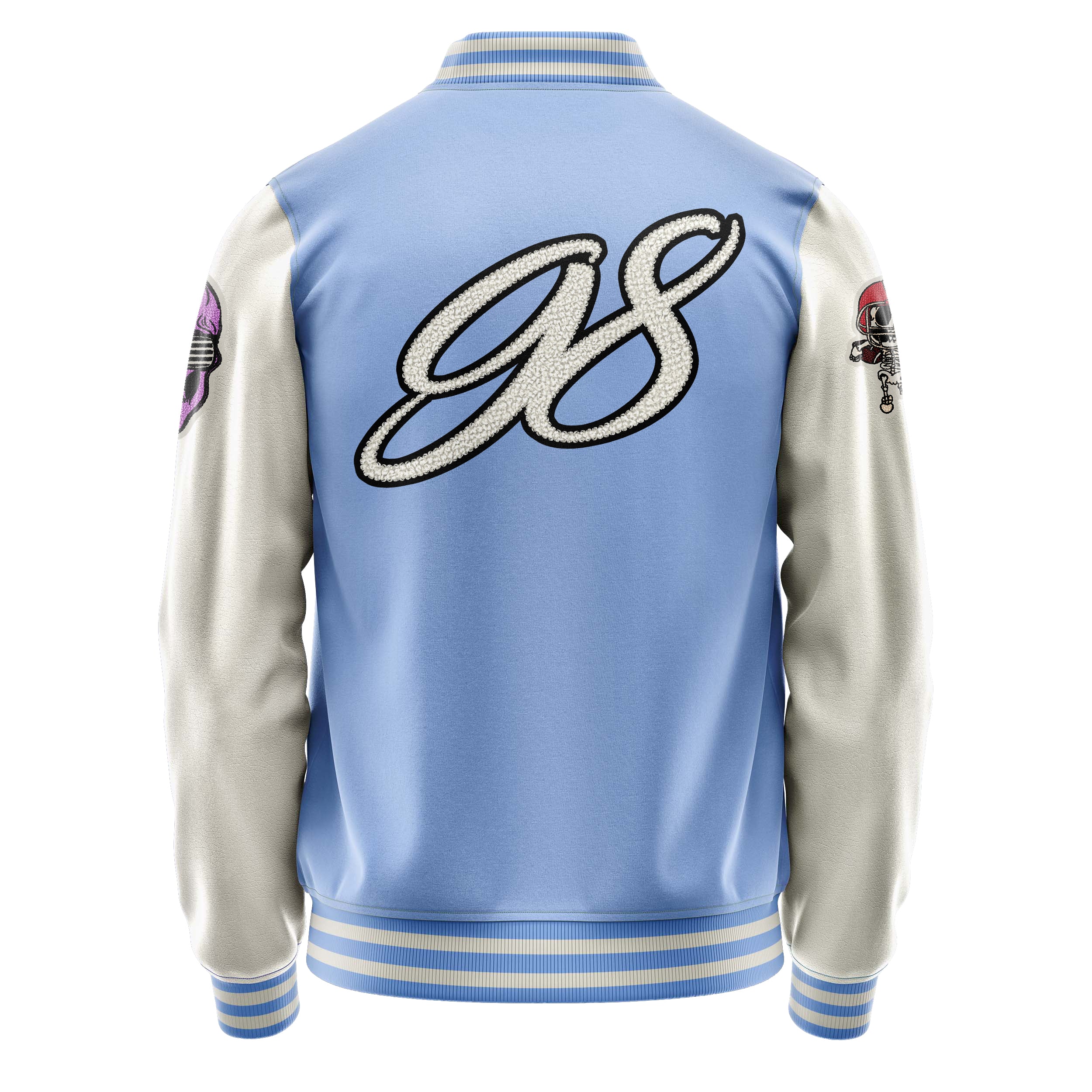 Custom Sky Blue Varsity Jacket Patches Beige Leather Sleeves - Skull