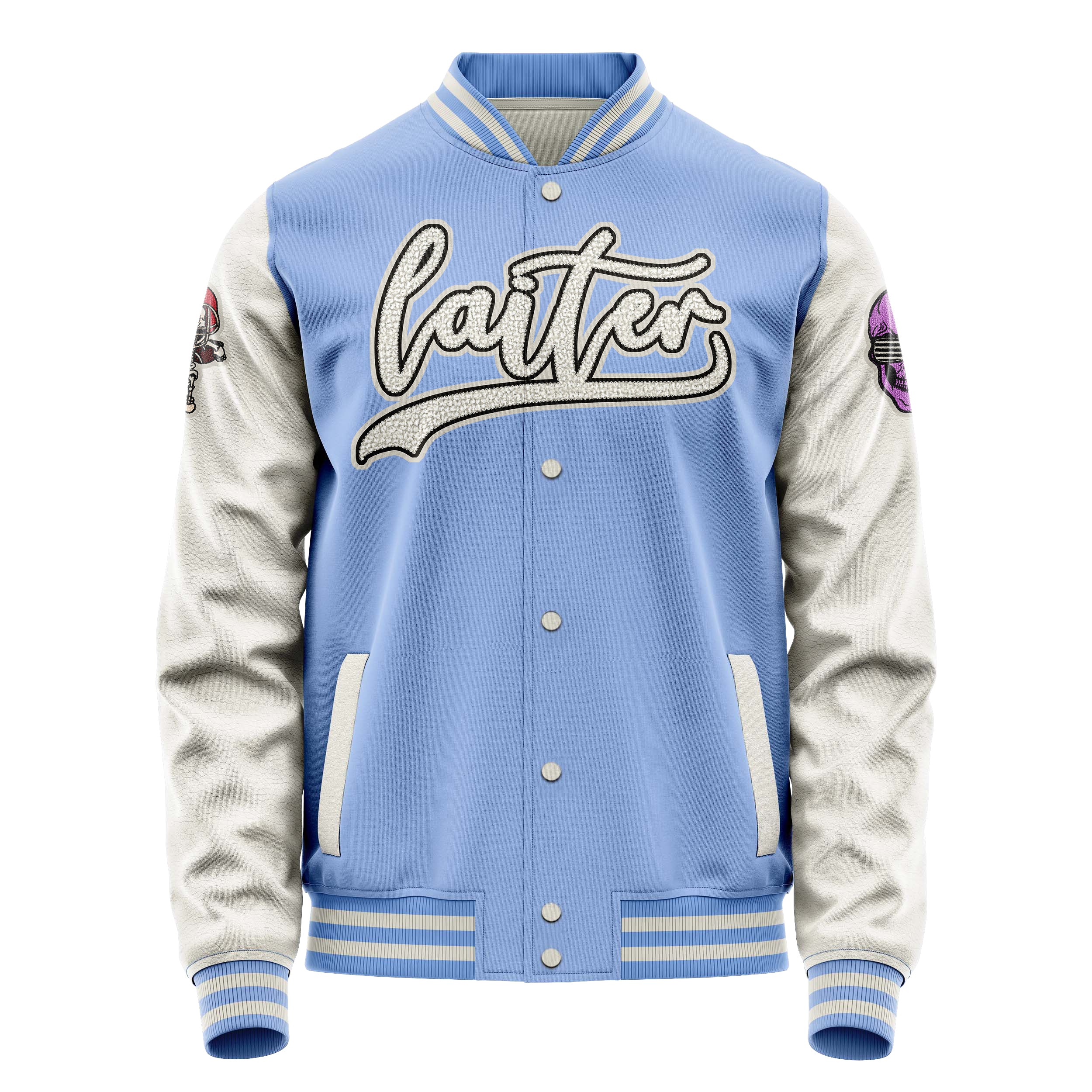 Custom Sky Blue Varsity Jacket Patches Beige Leather Sleeves - Skull