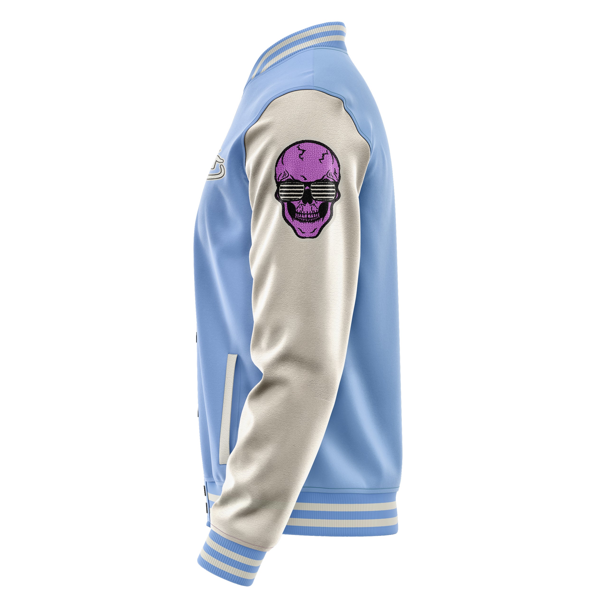 Custom Sky Blue Varsity Jacket Patches Beige Leather Sleeves - Skull