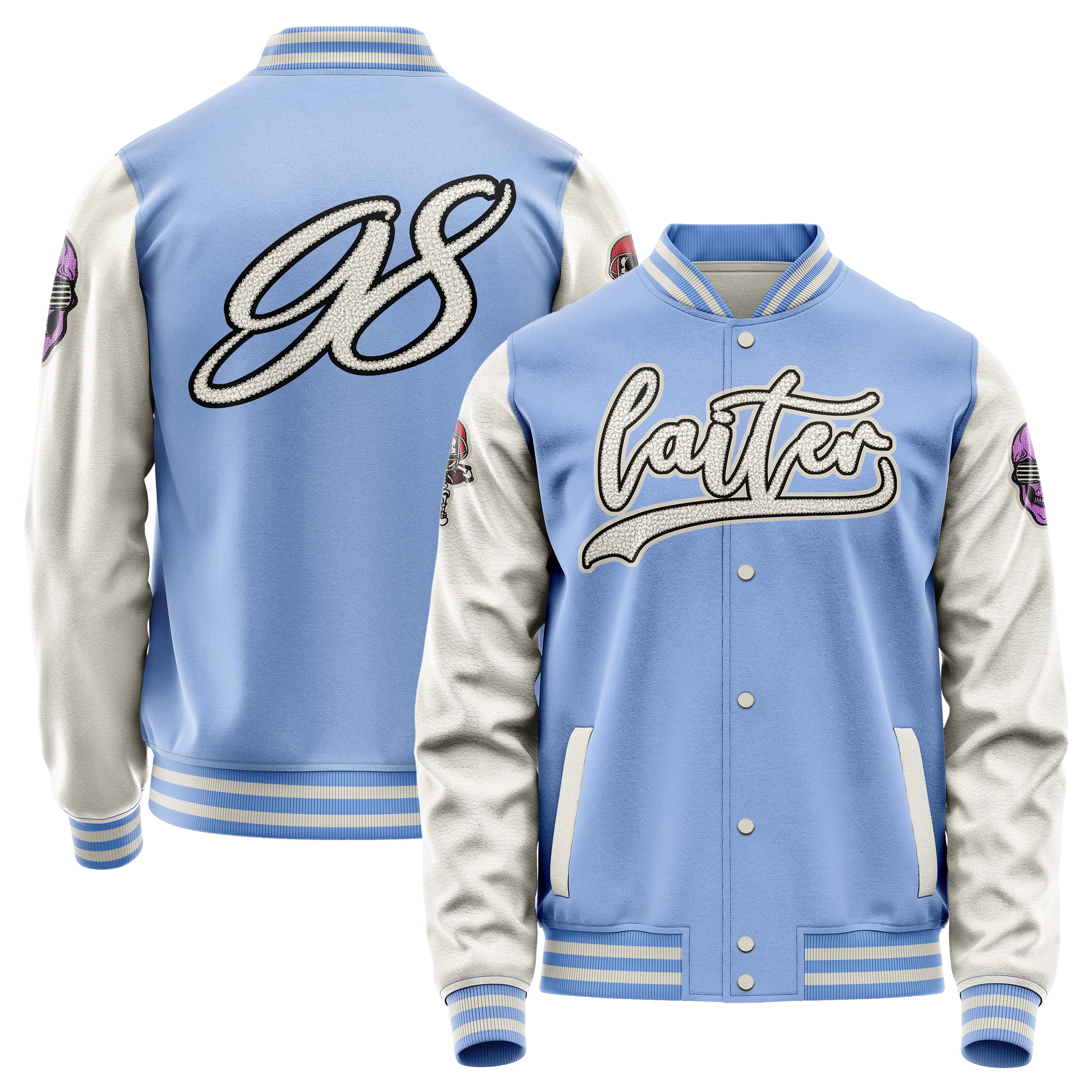 Custom Sky Blue Varsity Jacket Patches Beige Leather Sleeves - Skull