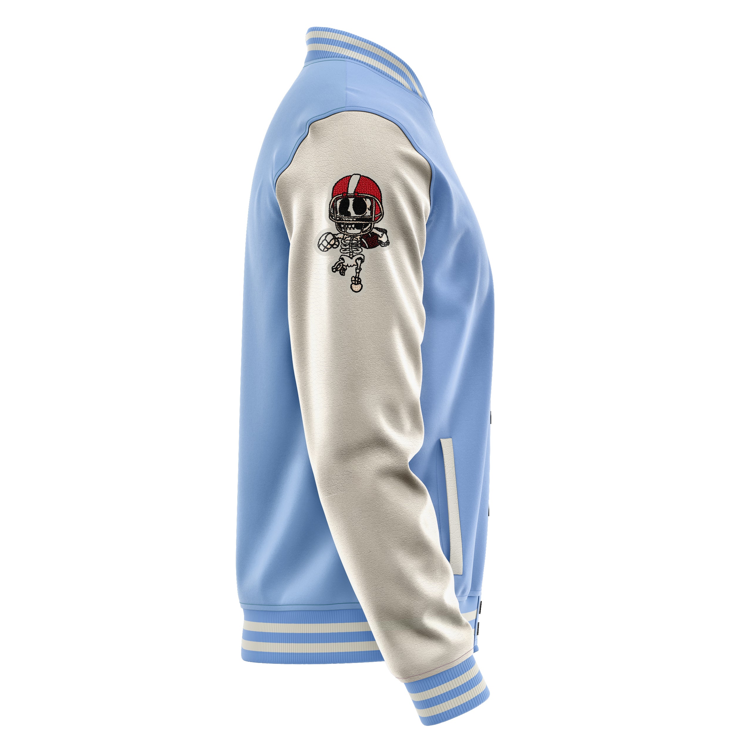 Custom Sky Blue Varsity Jacket Patches Beige Leather Sleeves - Skull
