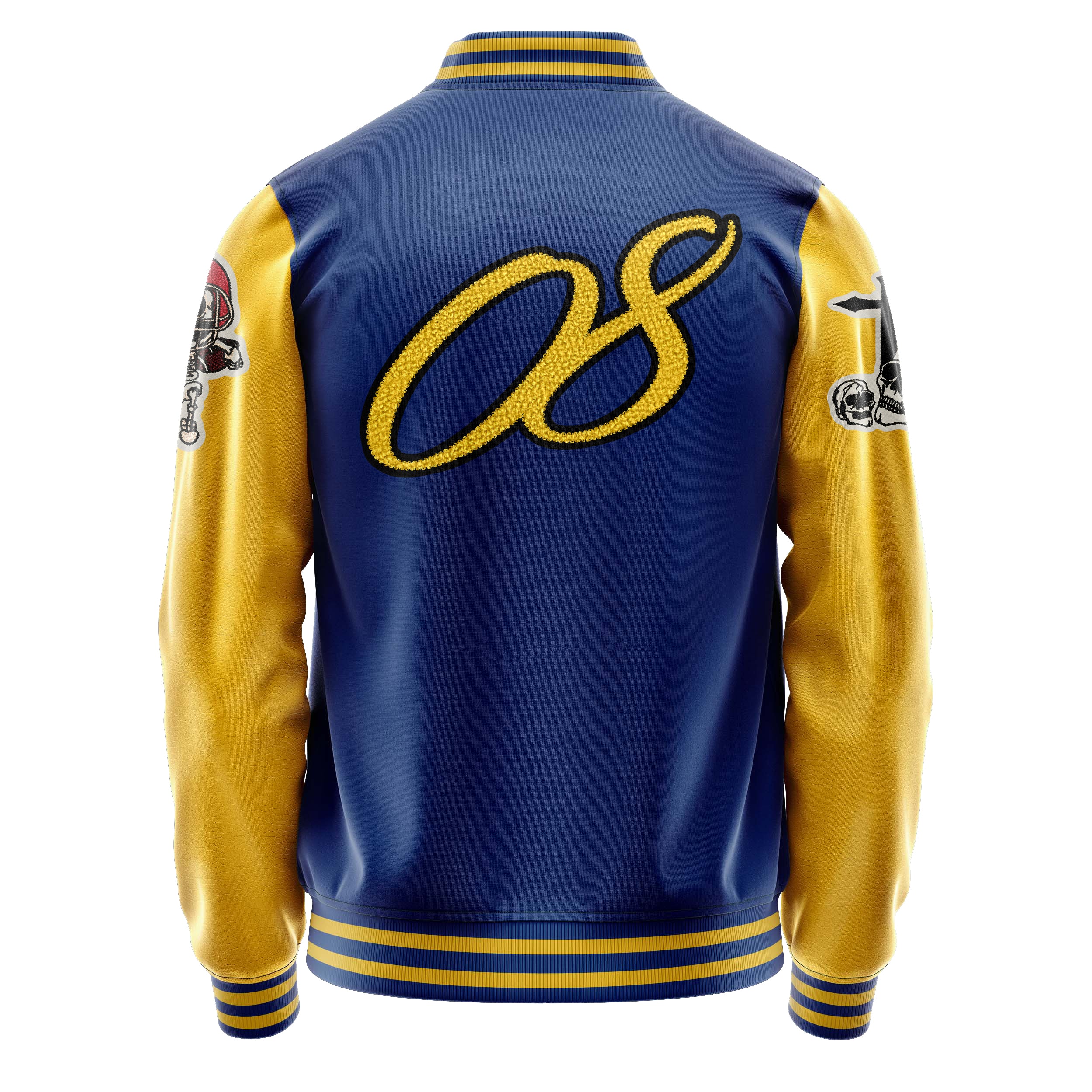 Custom Royal Blue Varsity Jacket Patches Egg Yellow Leather Sleeves - Skull Rootball