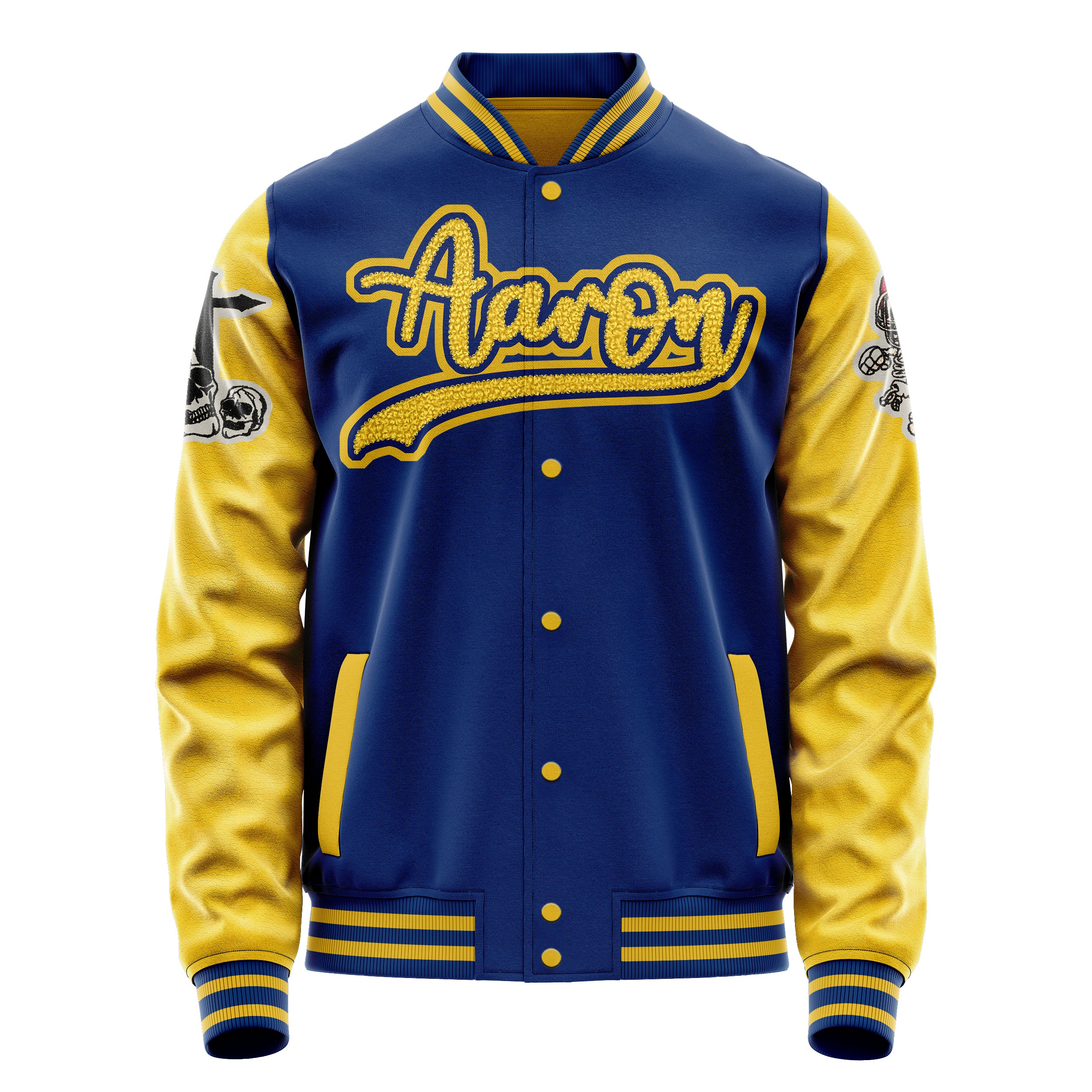 Custom Royal Blue Varsity Jacket Patches Egg Yellow Leather Sleeves - Skull Rootball