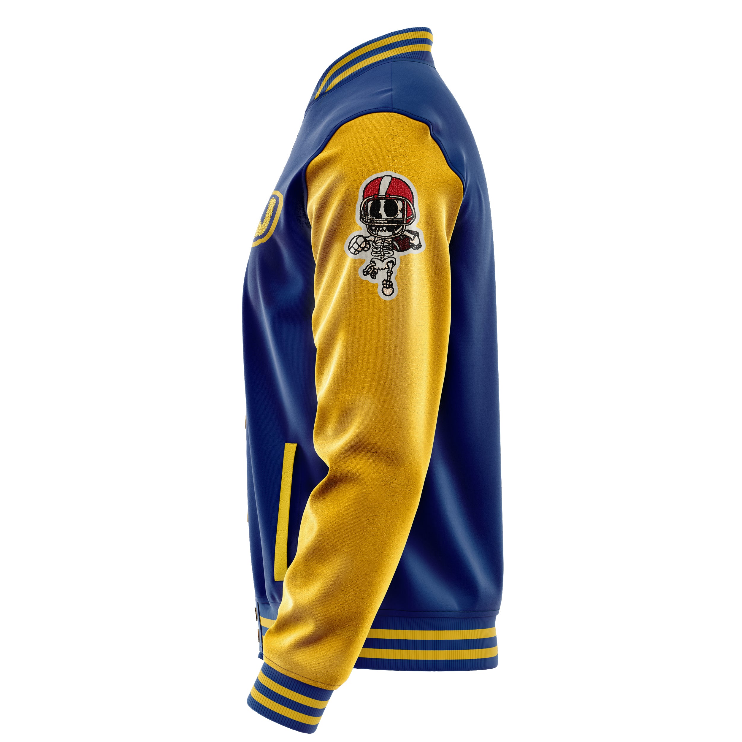 Custom Royal Blue Varsity Jacket Patches Egg Yellow Leather Sleeves - Skull Rootball