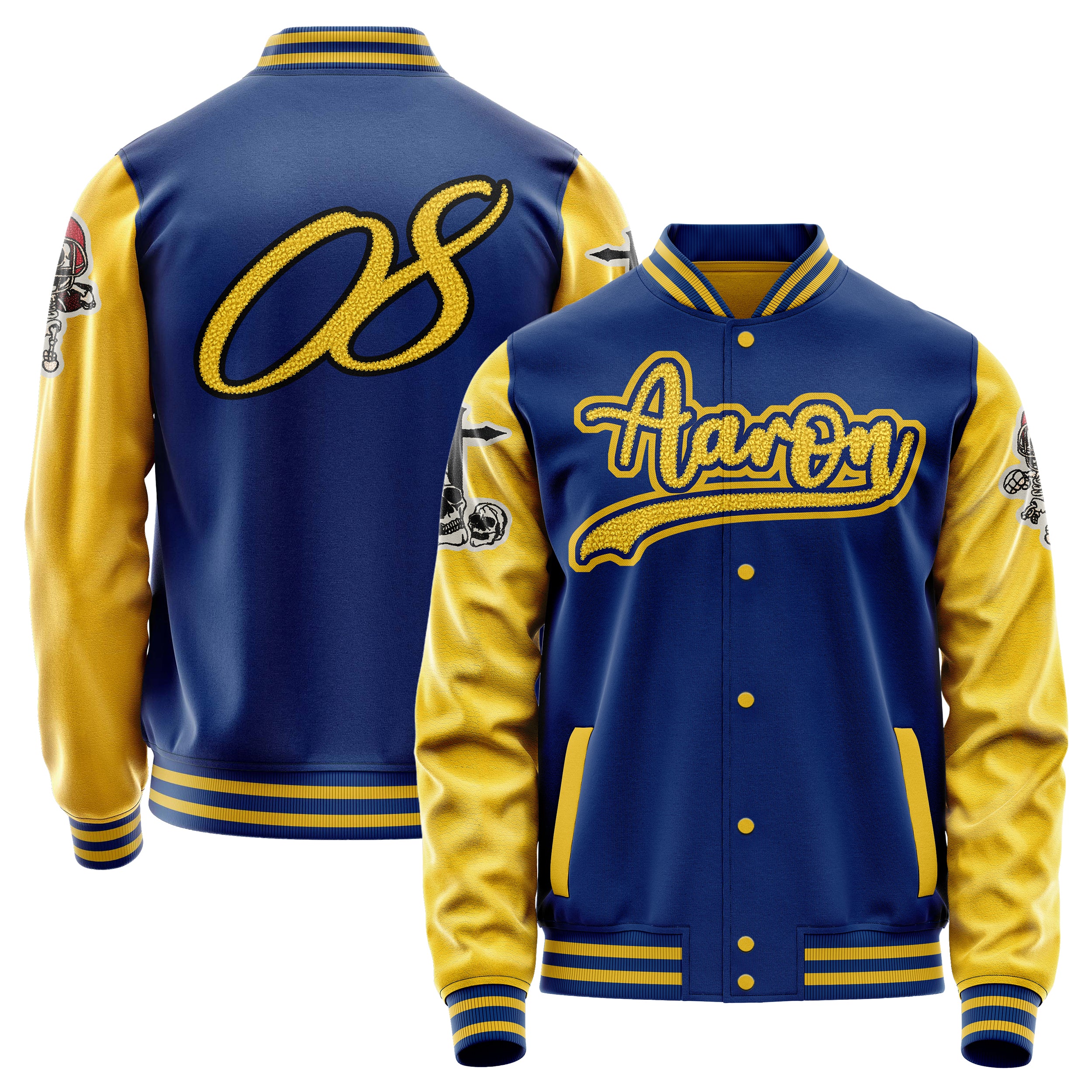 Custom Royal Blue Varsity Jacket Patches Egg Yellow Leather Sleeves - Skull Rootball