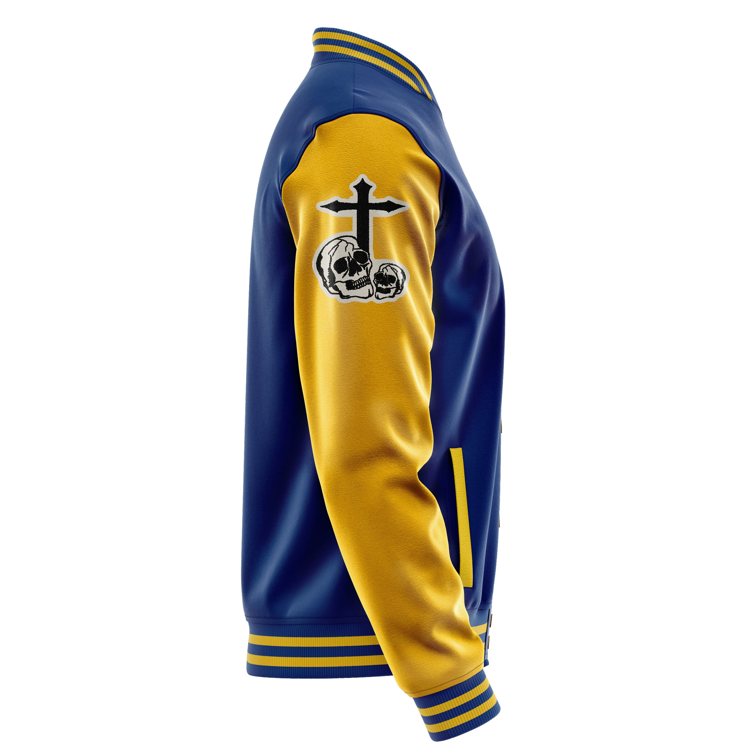 Custom Royal Blue Varsity Jacket Patches Egg Yellow Leather Sleeves - Skull Rootball